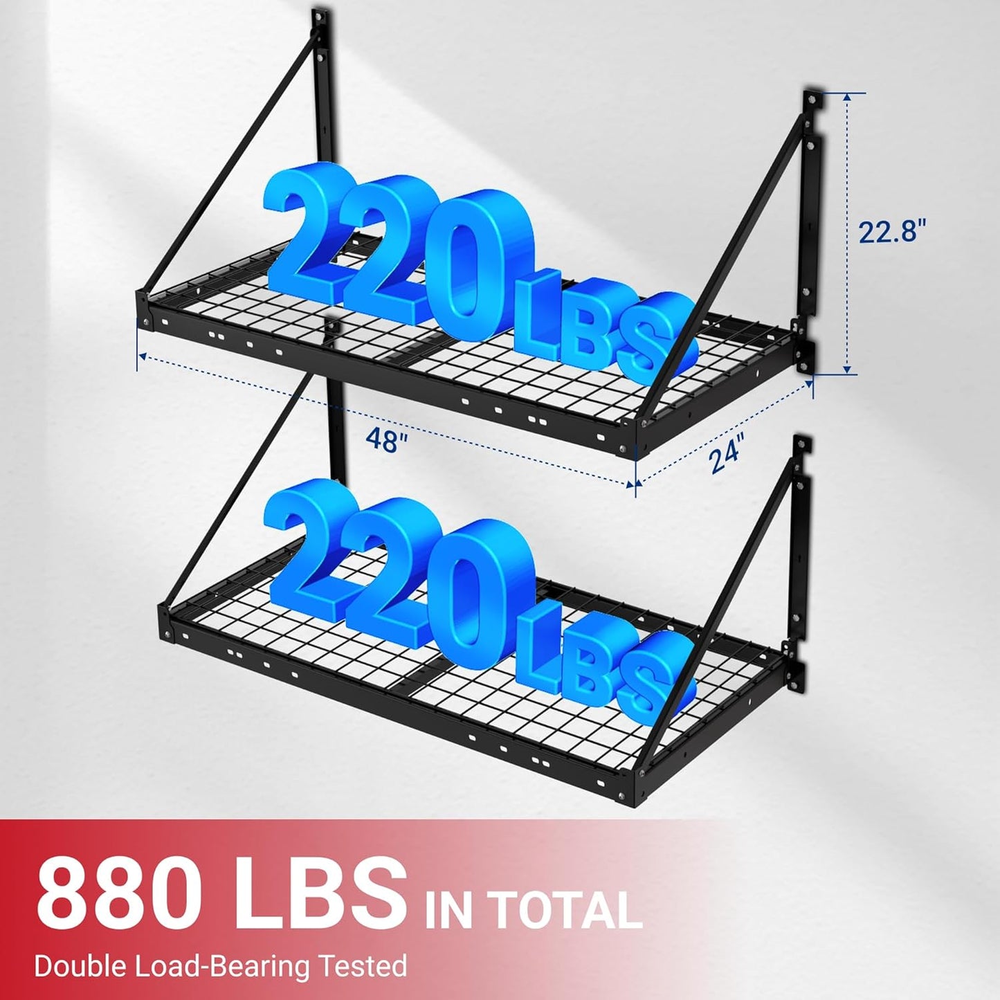 FLEXIMOUNTS 4-Pack 2x4ft Garage Wall Shelving - Heavy Duty Garage Storage System, 880 lbs Load Capacity with Brace Guardrail, Organization for Tools, Heavy Bins, Sports Equipment, Utility Room
