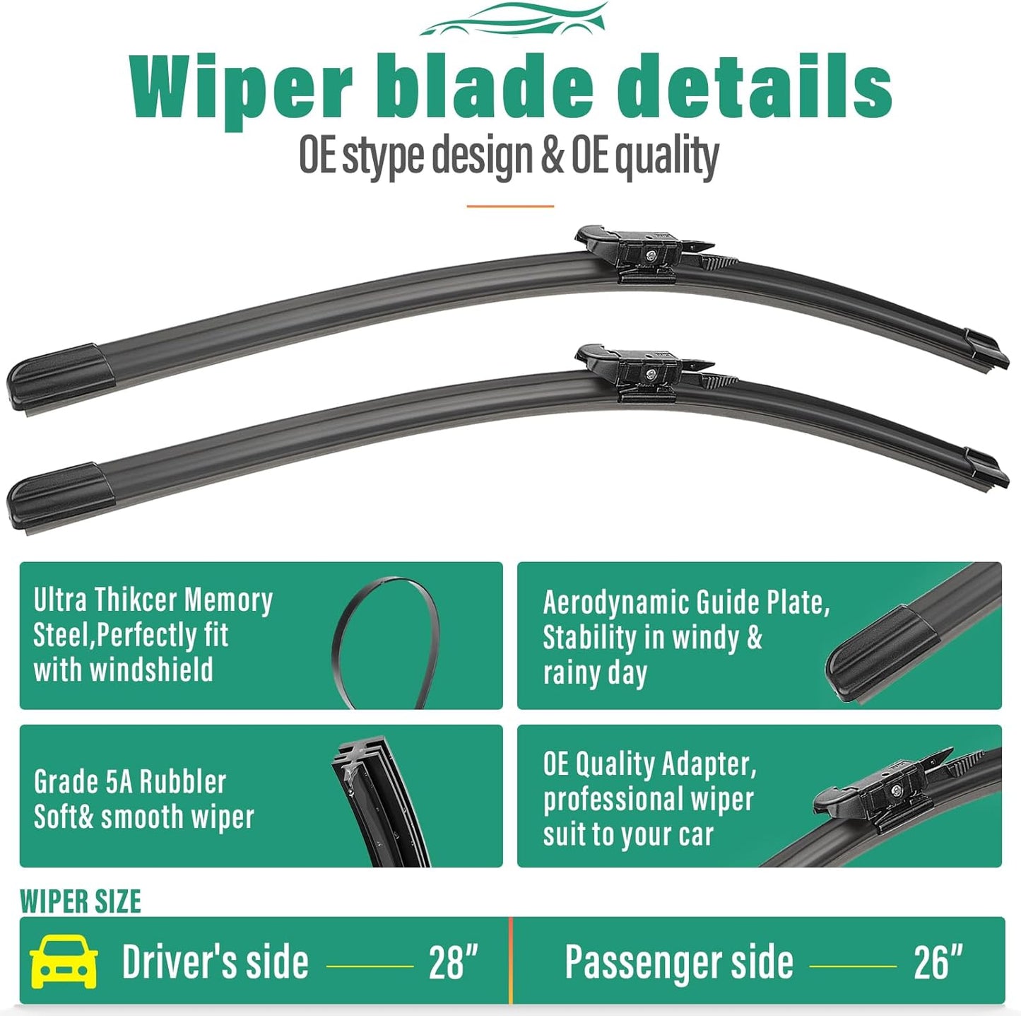 28" 26" 12" Windshield Wiper Blades Replacement for Ford CMax C-Max 2013 2014 2015 2016 2017 2018 Premium All Weather Front Rear Wipers Set - OEM Quality (Pack of 3)