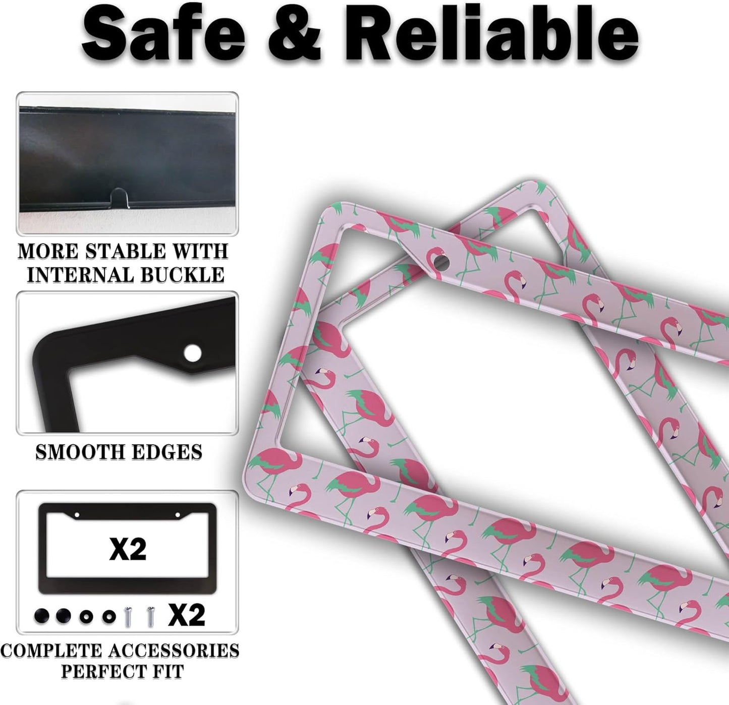 License Plate Frames for Girl Pink License Plate Cover for Women Pink Flamingo Animals Aluminum Metal Car Accessory 2 Pack with Screw Covers Set