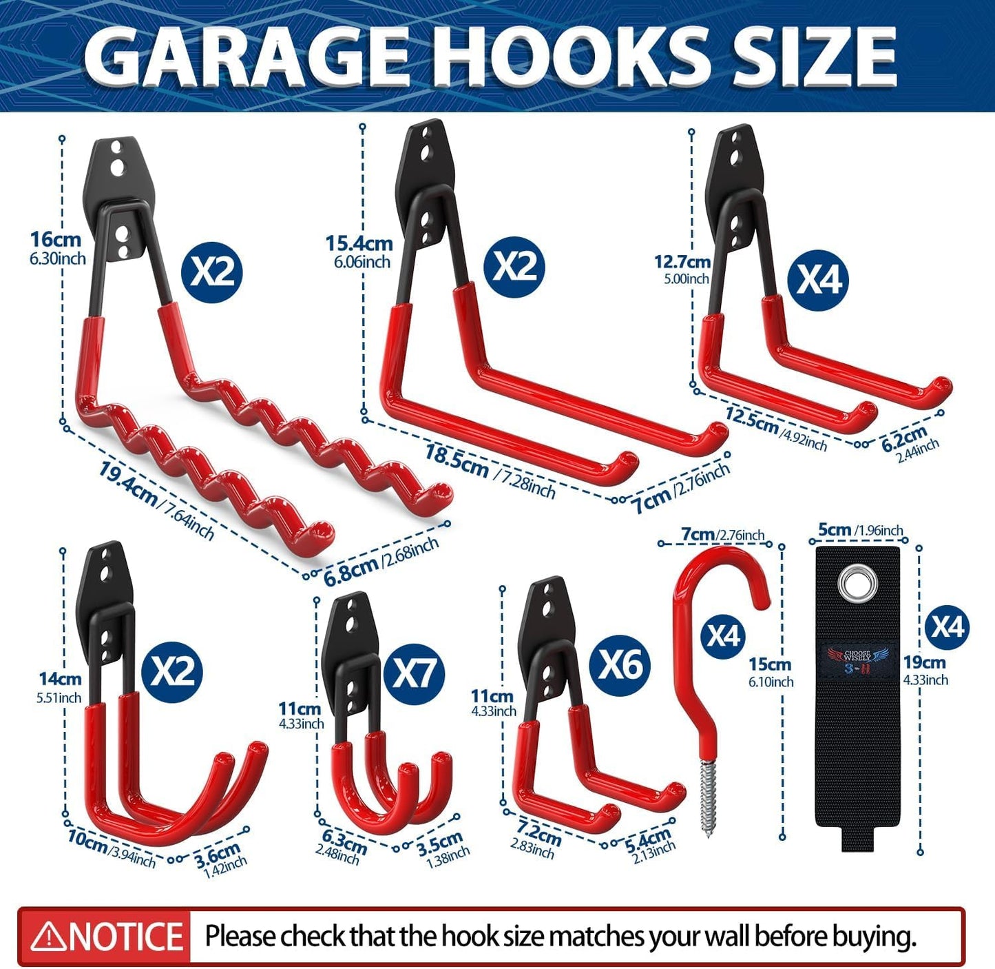 3-H Garage Wall Hooks 62 Pack, Heavy Duty Garage Hooks with Extra Welding Spots, Wall Mount Storage Organizer for Hanging Garden Lawn Tools, Ladder, Bike, WeedEater, Chair, Shovel, Blower (Red)