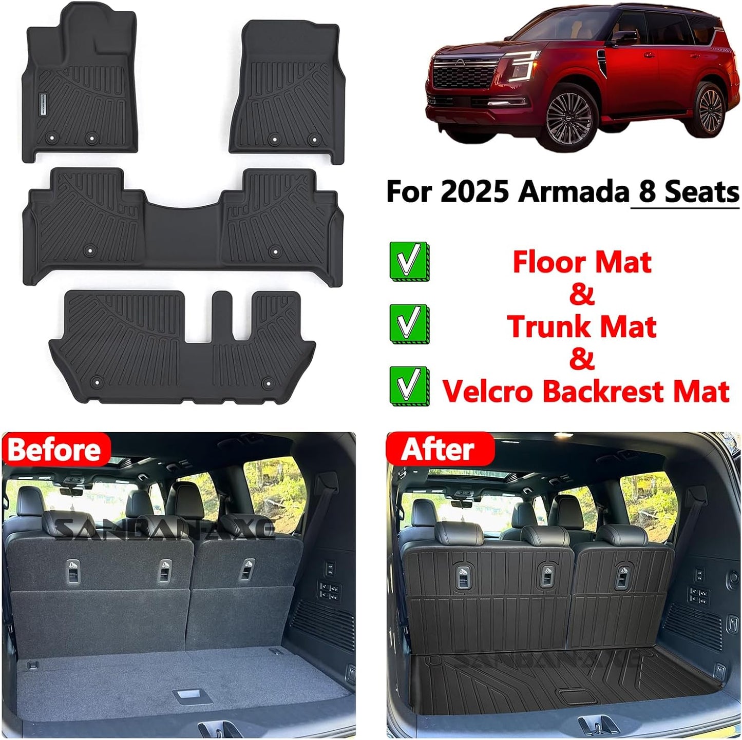 Floor Mats for 2025 Nissan Armada 8 Seats with Trunk mat TPE All Weather Protection 3 Rows Car Floor Liners & Cargo Liners with Velcro Backrest