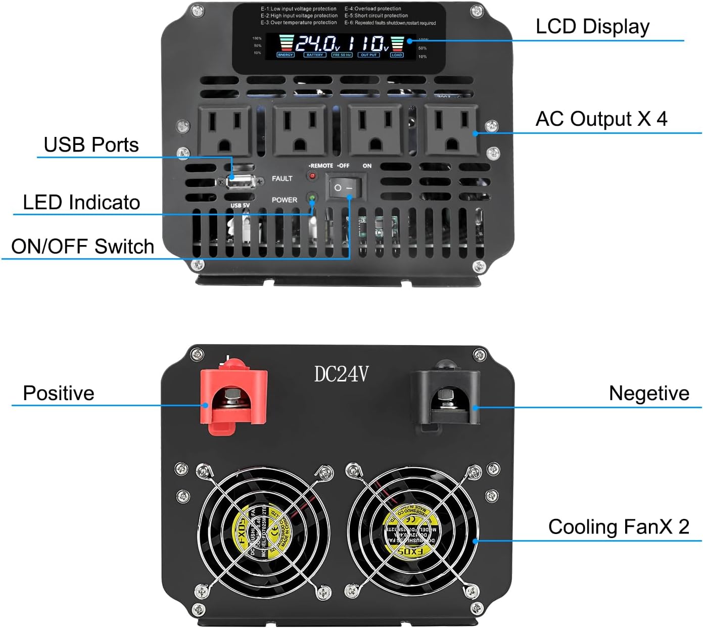4000 Watt Power Inverter, Car Inverter 24V DC to 110V/120V AC Converter with LCD Display, 4 AC Outlets, USB Port & Remote Controller for RV, Truck, Off-Grid Solar System