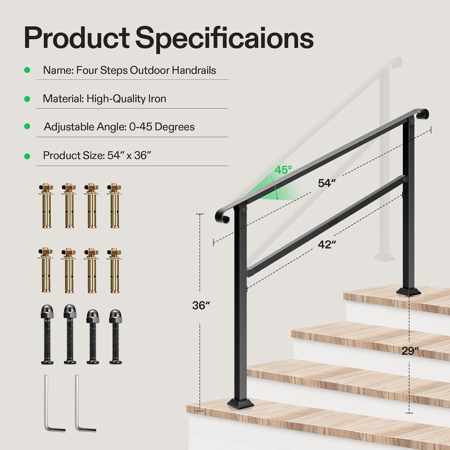 VIVOSUN Outdoor Handrail, 54" x 36" Fits 1-4 Steps, Wrought Iron Stair Railing with Curved Ends, One-Step Assembly, Black