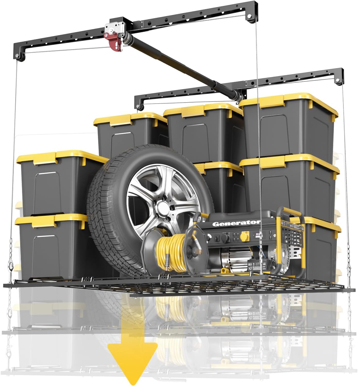 Overhead Garage Storage Rack, 4x4 Ft Adjustable Garage Ceiling Storage Lift, Heavy-Duty Ceiling Mounted Storage Lift System for Garage Organization, 250lbs Weight Capacity