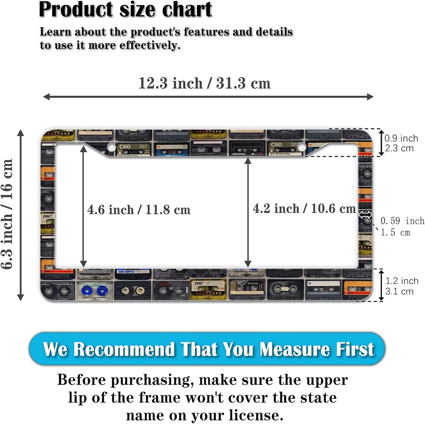 License Plate Protector Multicolor License Plate Frames Vintage Cassette Music Tape Aluminum Metal Car Accessory 2 Pack with Screw Covers Set