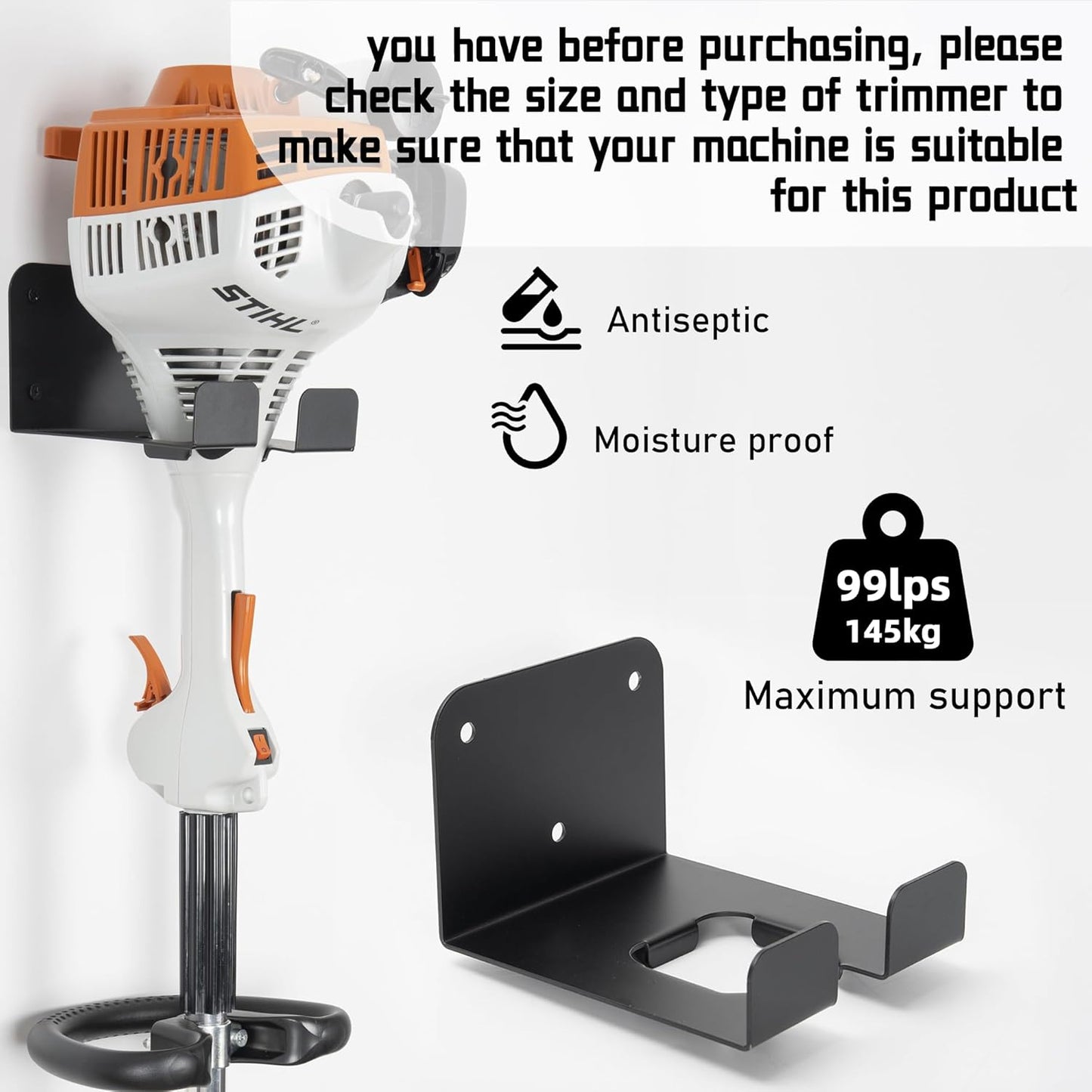 Weedeater Hanger, 2 Pack Weed Eater Hanger for Garage Wall-mounted Organizer Trimmer Rack Storage for Grass Trimmer, Hedge Trimmer, Garage Wall, Garden Tools, Black