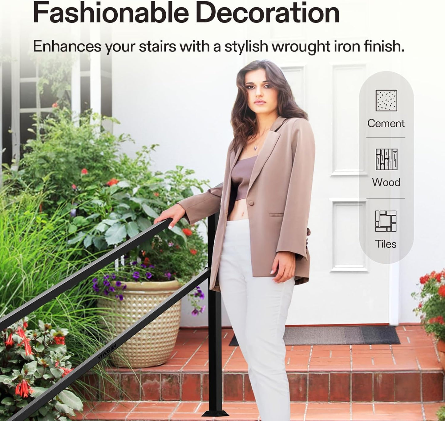 VIVOSUN Outdoor Handrail, 6-7 Step Stair Handrail, 83" x 36" Fits 1 to 7 Steps, Wrought Mattle Iron Handrail for Concrete Steps, Porch Steps, Black, HR-0004