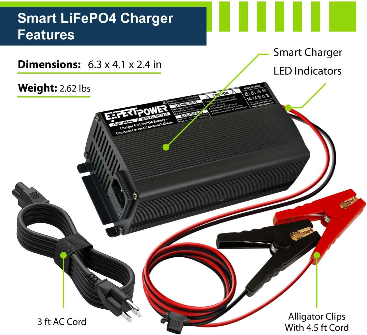 ExpertPower 12V 20A Smart Charger for Lithium LiFePO4 Deep Cycle Rechargeable Batteries