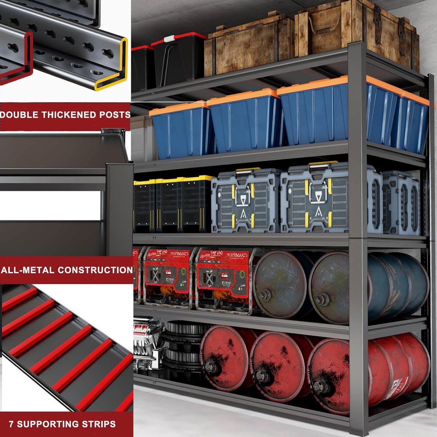 65" W Garage Shelving Heavy Duty, Adjustable 5 Tier Metal Shelves, Commercial Metal Shelf Rack, Industrial Shelving