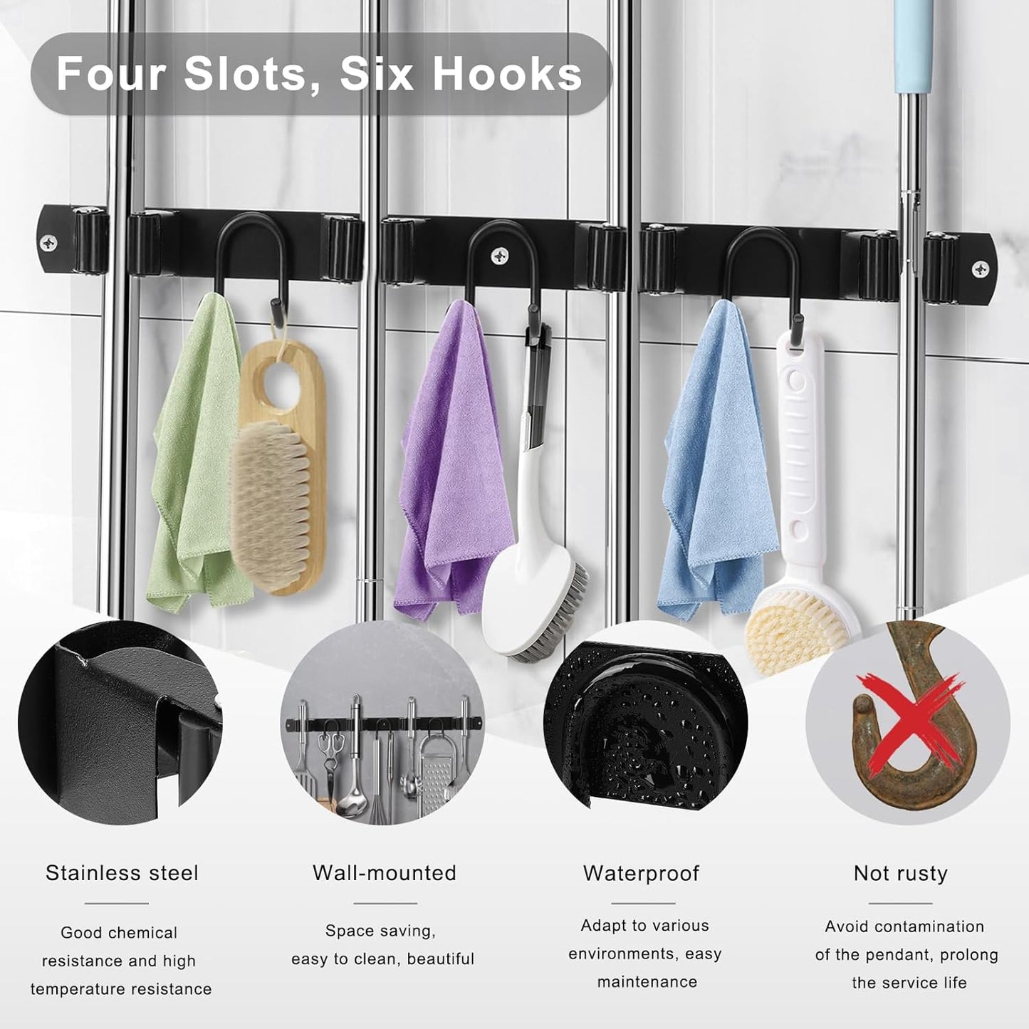 Mop Broom Holder Wall Mount, Black Stainless Steel Tool Storage Organizer for Kitchen Garden Garage Laundry Room Bathroom and RV with 4 Slots 6 Hooks