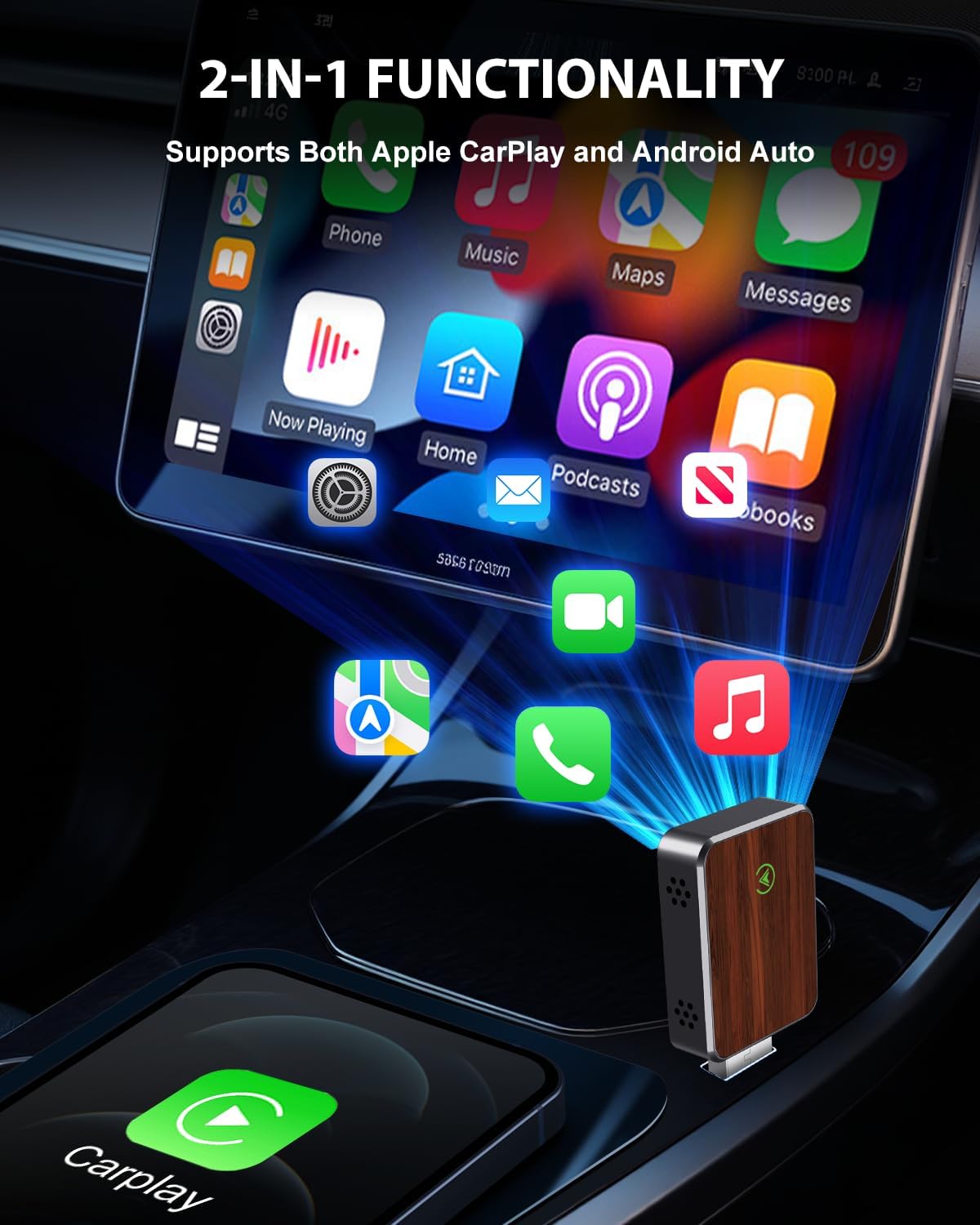 Wireless Carplay Adapter for iPhone & Android Auto 2-in-1, Convert Factory Wired to Wireless Carplay Dongle, Plug & Play Carplay Wireless Adapter for iPhone iOS 10+, Black