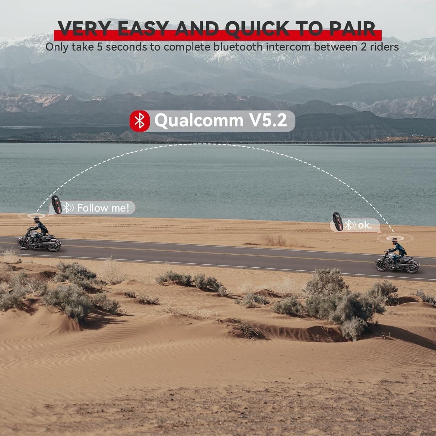 Motorcycle Bluetooth Headset V5.2 with Music Sharing, 2-Way Motorcycle Helmet Bluetooth with IP67 Waterproof, Helmet Communication Intercom Systems with Hi-Fi Speakers for ATV/Snowmobile, 2 Pack