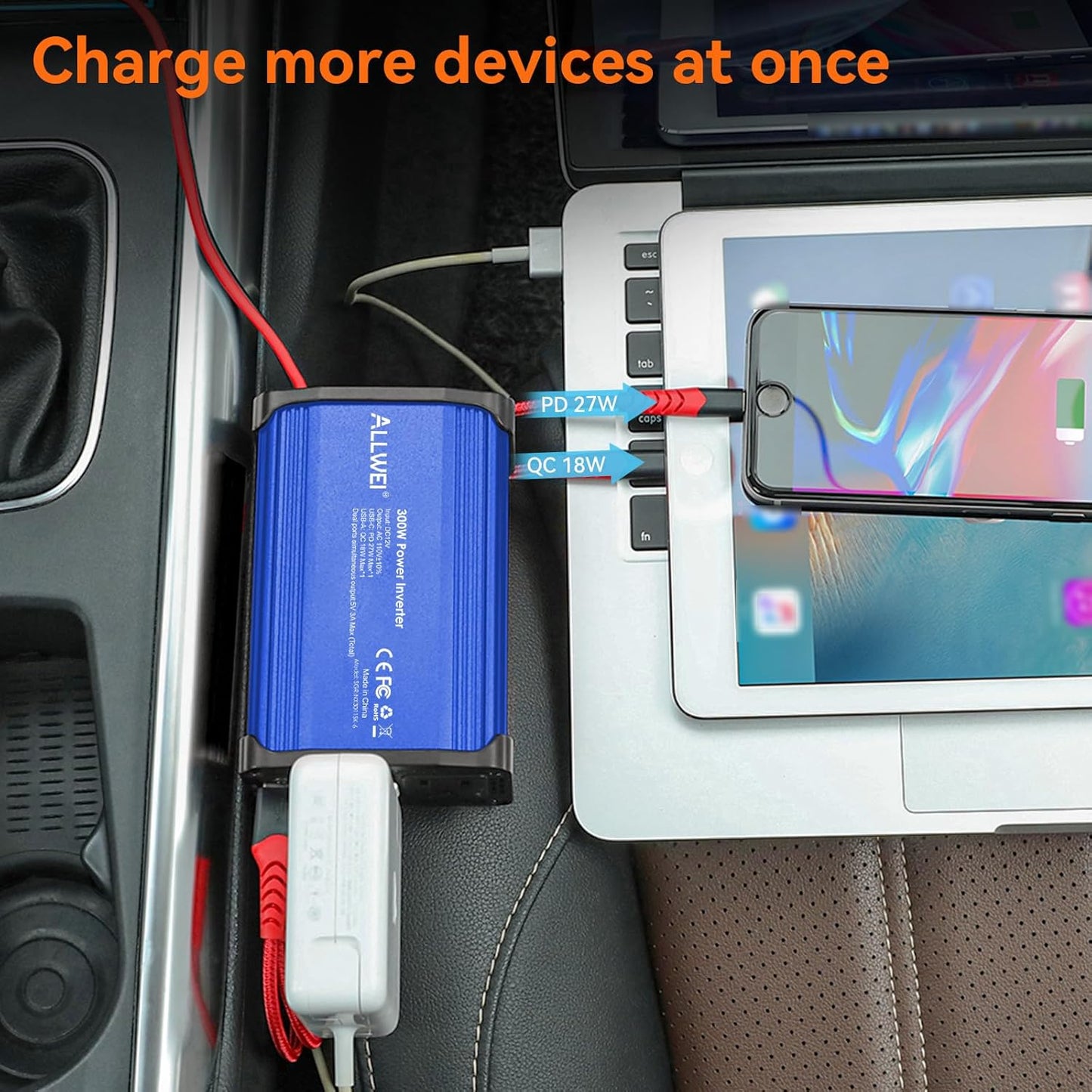 300W Car Power Inverter 12v to 110v, Car Plug in Adapter Outlet with PD 27w USB-C and Fast Charger 18w USB-A, Car Outlet Adapter, Car Converter to Outlet Plug, Power Inverters for Vehicles (Blue)