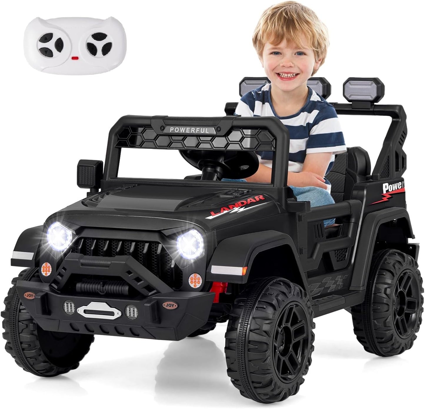 Costzon Kids Ride on Truck, 12V Electric Ride on Car with Remote Control, 3 Speed & Spring Suspension, Wireless Connection, USB, Music, Light, Kids Ride on Toys for Boys Girls (Black)