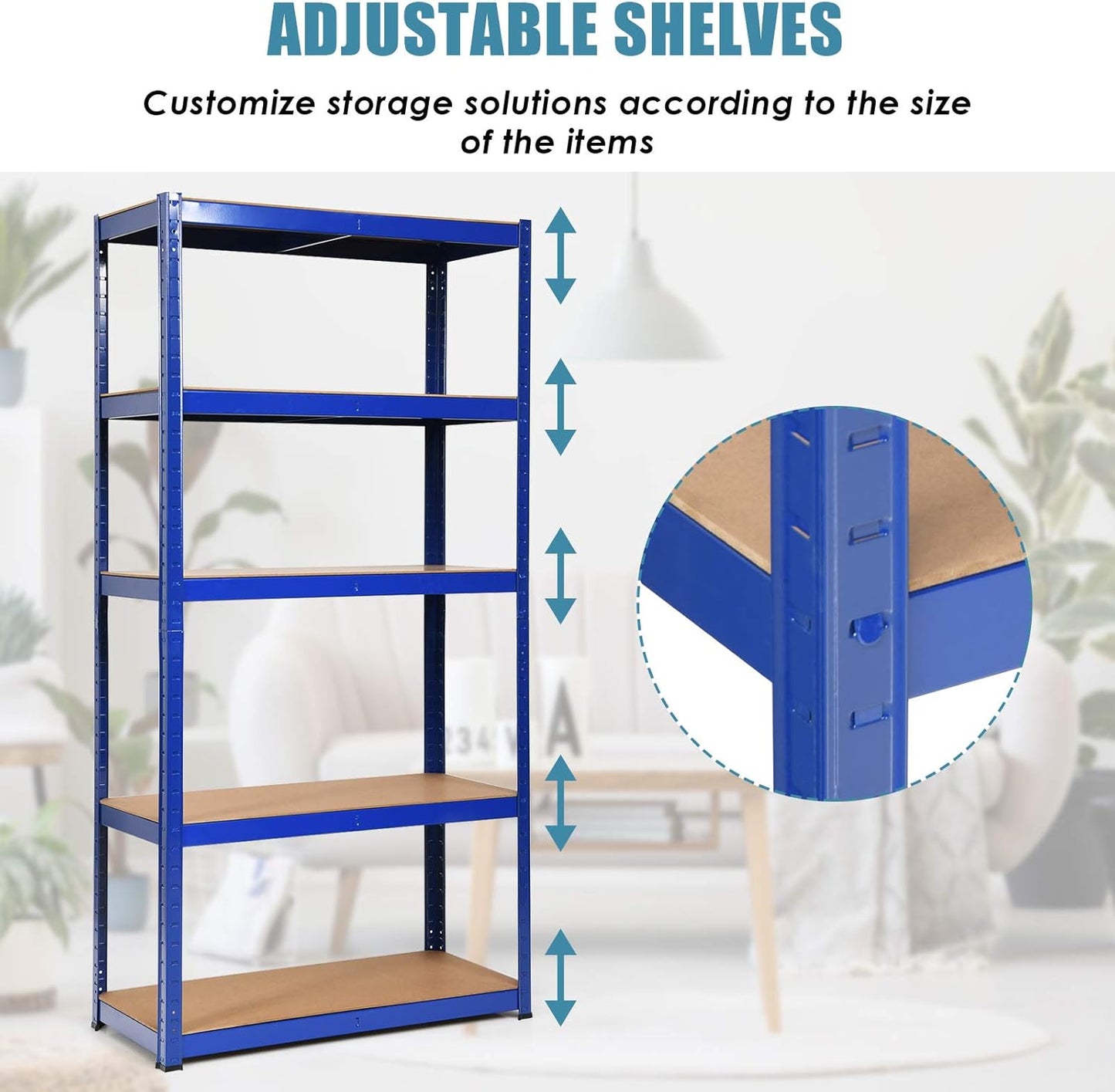 ERGOMASTER 5 Tier Utility Shelves Rack Garage Heavy Duty Steel Metal Shelving Unit with Adjustable Design, Bolt-Free Assembly & 380 LBS Wight Capacity Per Tier (Set of 4, Blue)