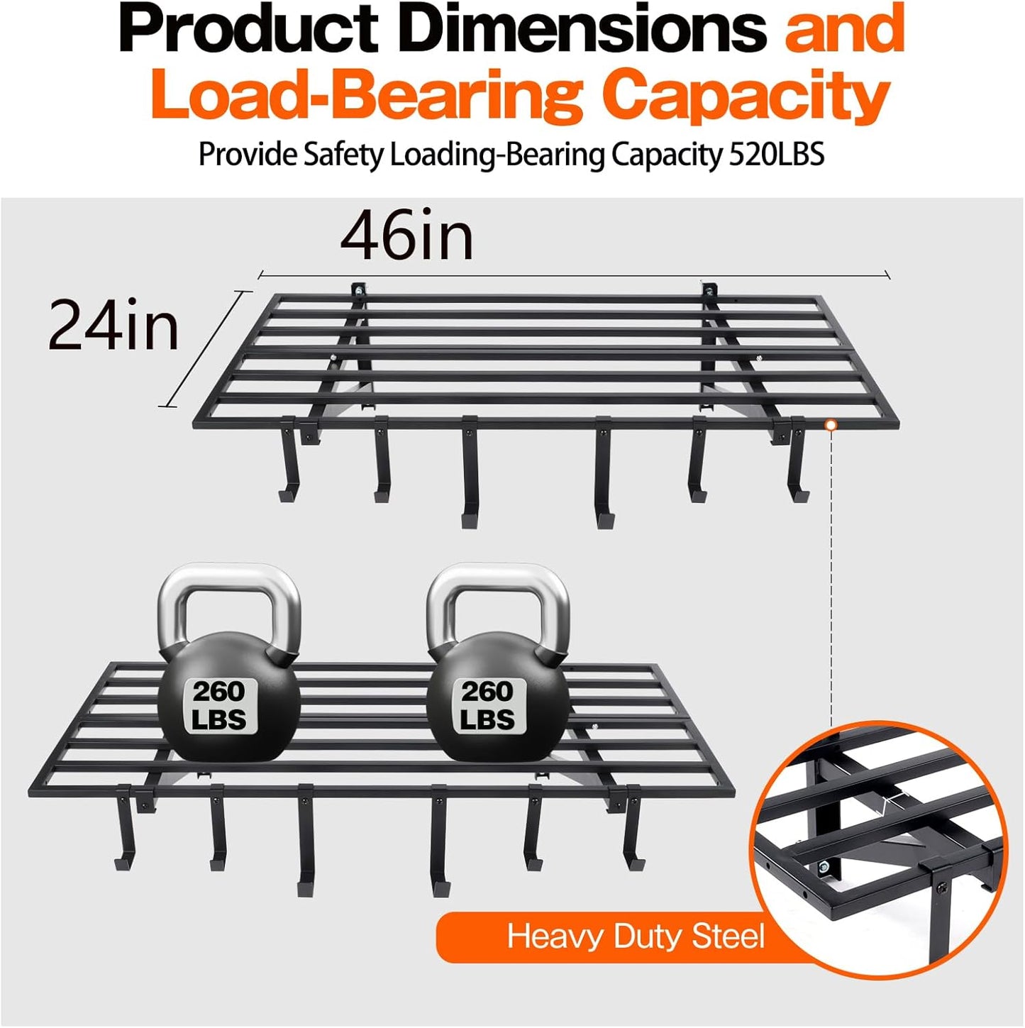 Garage Wall Shelving, 2X4ft Garage Storage Rack,Heavy Duty Wall Mounted Storage Shelf With 12 pc Hooks-Each Loads 260lbs Metal Wall Shelf,Black,2Pack