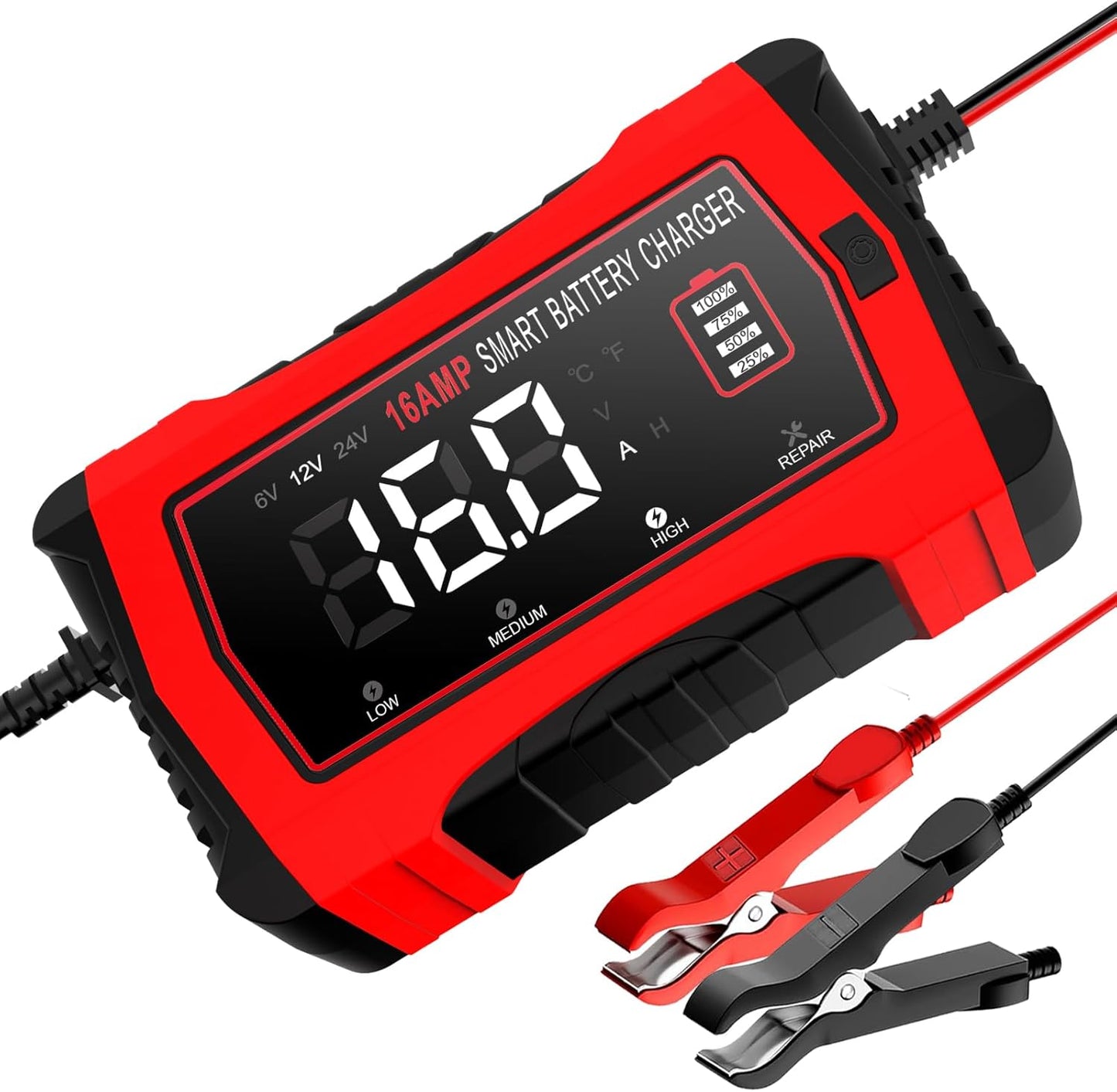 16-Amp Battery Charger, 6V/12V/24V Smart Car Battery Charger, Automotive Battery Maintainer, Trickle Charger for Car, SUV, Motorcycle, Boat, Lead-Acid, Lithium, LiFePo4 Battery