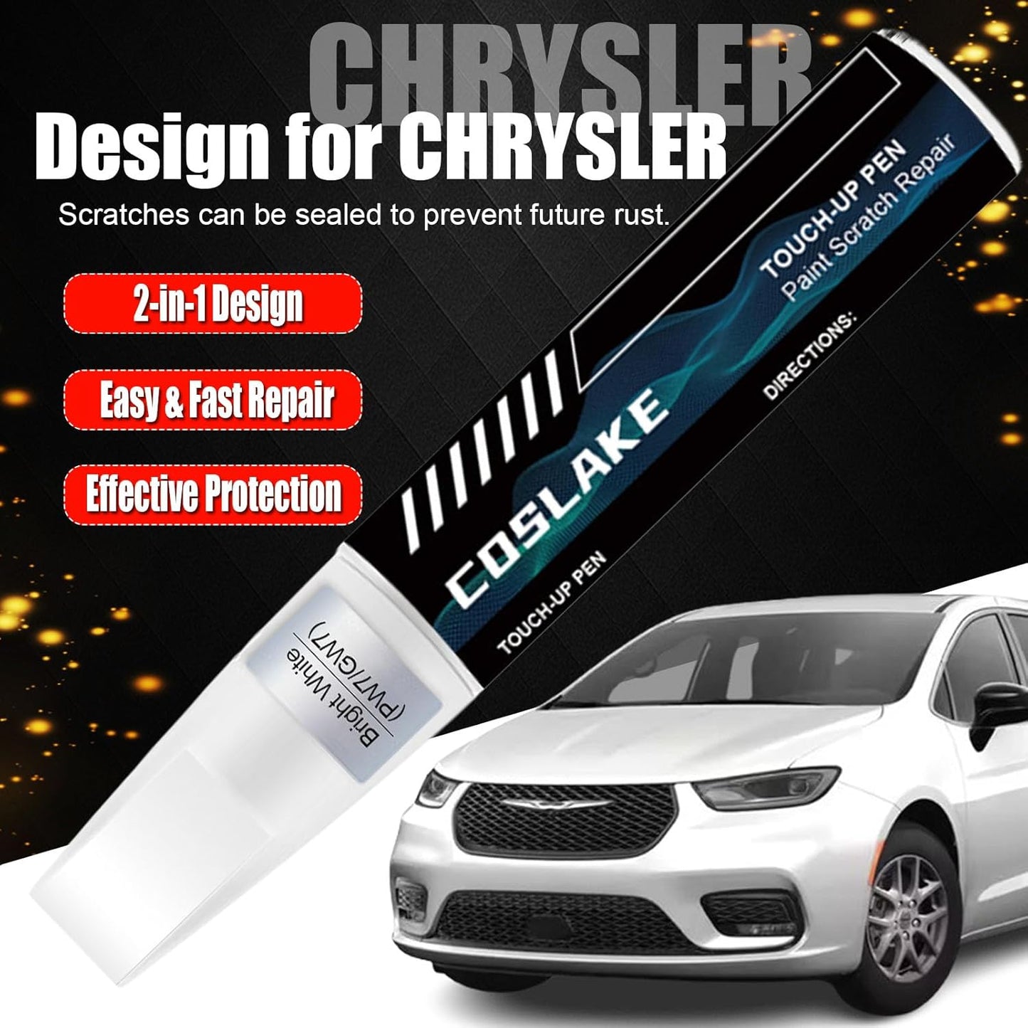 Car Touch Up Paint(Bright White(PW7/GW7)) for Chrysler, Car Paint Scratch Repair Kit, Quick & Easy Solution to Repair, 2 in 1 Scratch Remover Pen with 2PCS Disposable Micro Applicators