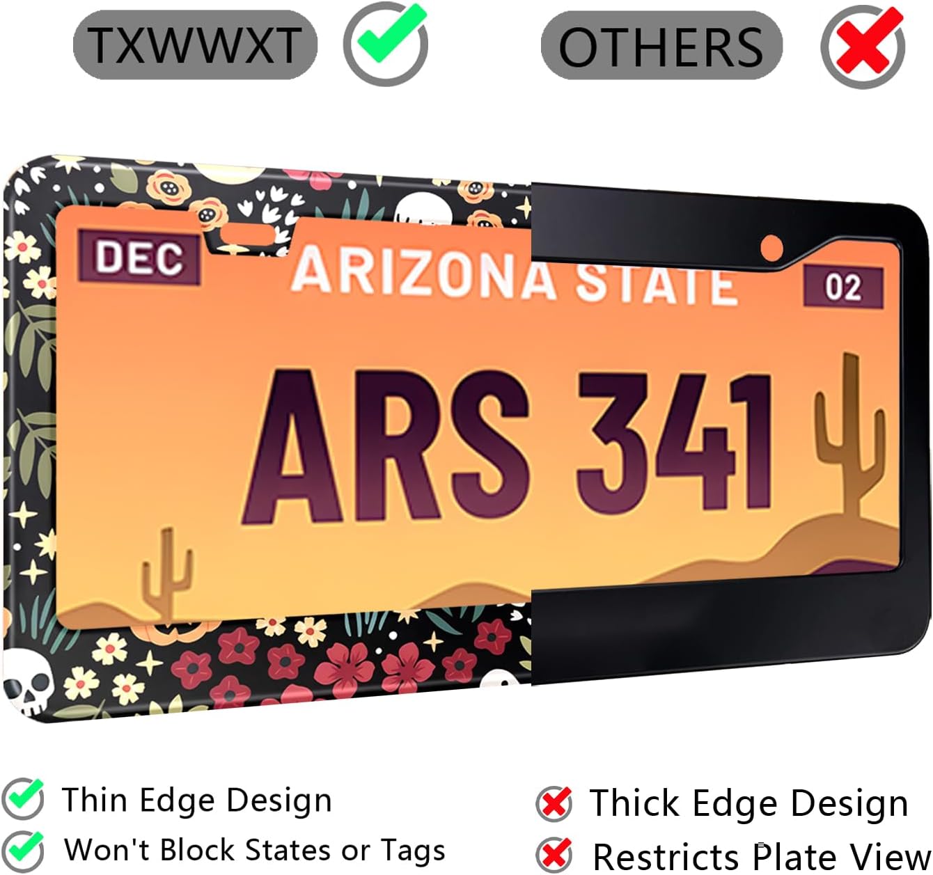 Halloween Ghost Skull Floral License Plate Frame Colorful Flowers Stainless Steel Steel License Plate Holder Auto Parts Decoration with Screws License Plate Holder 12x6 Inch Car Accessories