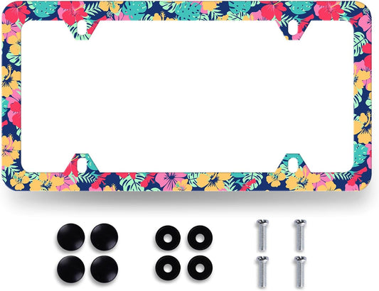 Tropical Hibiscus Flower License Plate Frame Colorful Floral Leaves License Plate Holder Funny License Plate for Car Decoration Stainless Steel Hawaii Auto Parts with Screws 12.3" x 6.3"
