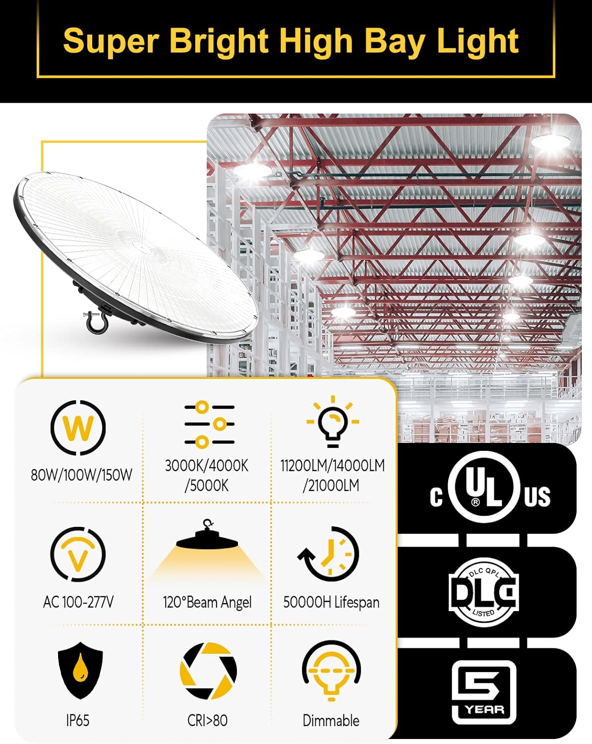 UFO LED High Bay Light, 150W/100W/80W Adjustable, 3000K/4000K/5000K, UL & DLC Listed 21000LM 0-10V Dimmable IP65 Waterproof High Bay Lights AC100-277V for Warehouse Factory(3 Pack)