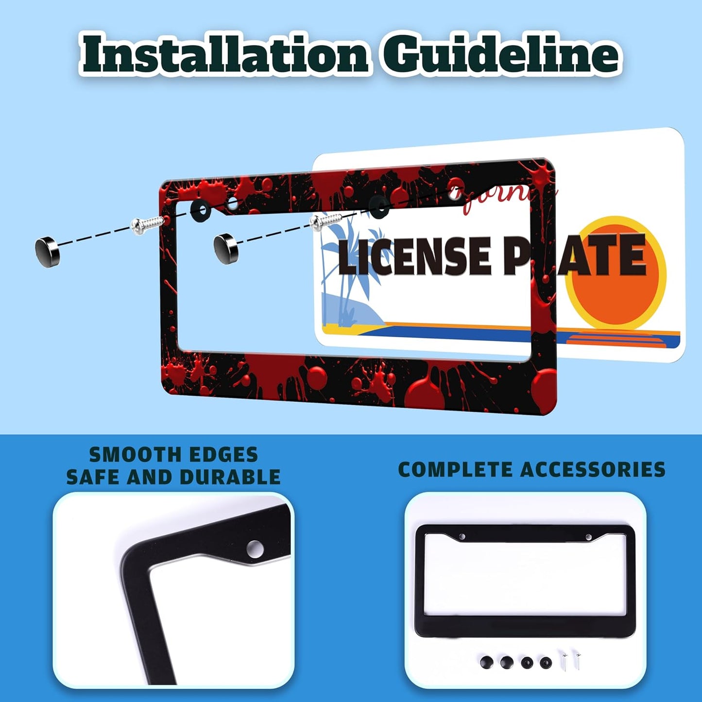 Red Blood Drop License Plate Frame Blood Spatter License Plate Holder for Front or Rear Car Tags Reusable Stainless Steel Funny Car Decoration with Screws 6.3 X 12.2 Inch