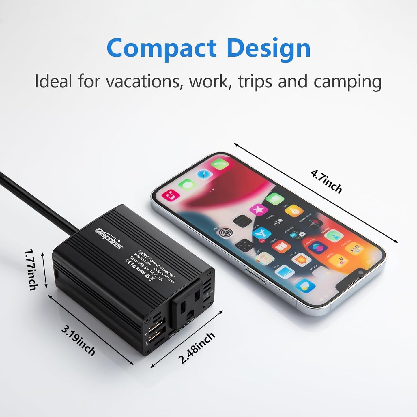 150W Car Power Inverter DC 12V to 110V AC Car Adapter for Plug Outlet with 3.1A Dual USB Car Charger for Laptop Computer-Black