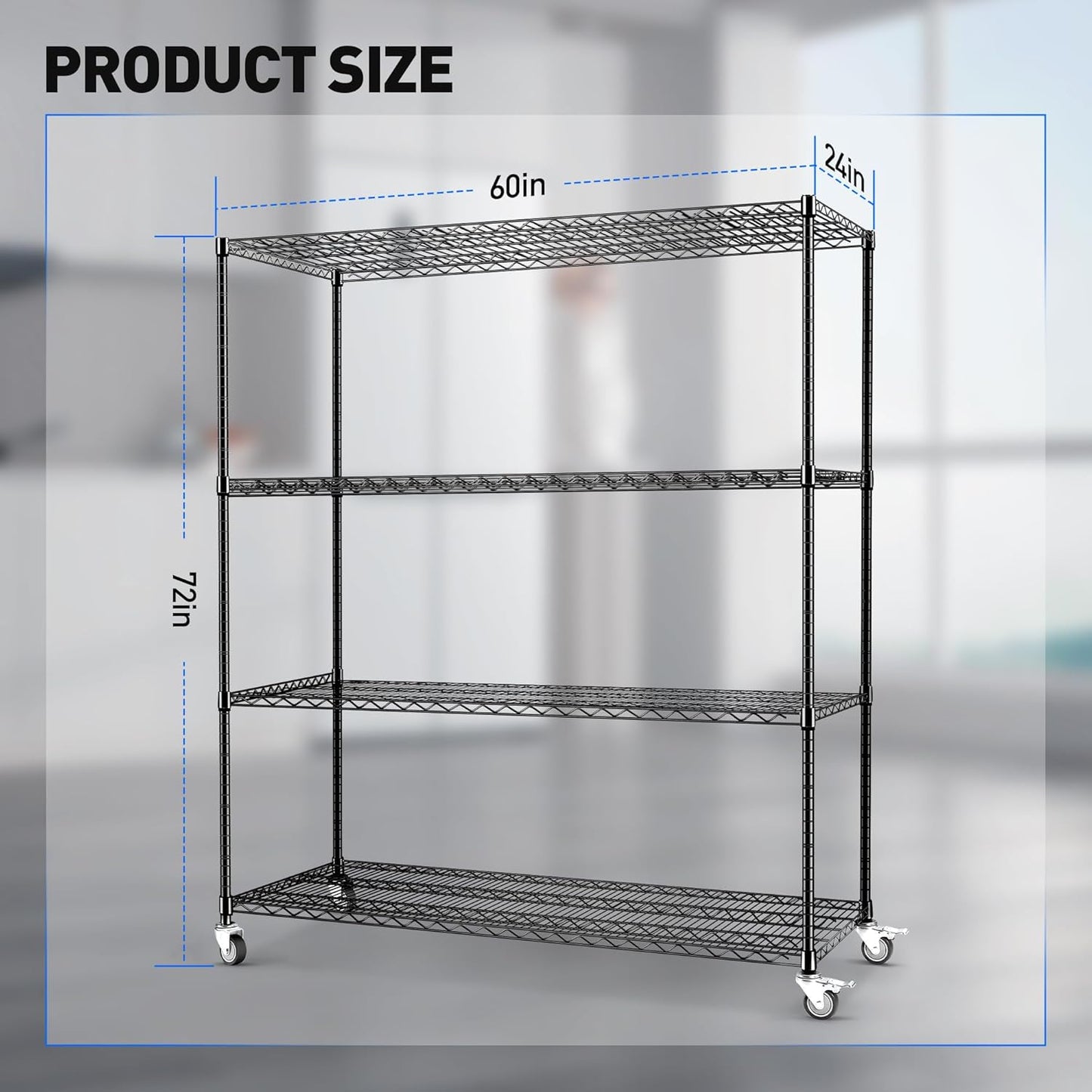 Rengue 4-Tier Wire Shelving with Wheels, 60"x 24"x72" Metal Storage Shelves, Heavy Duty Garage Storage Shelves, Chrome 2400LBS Capacity Wire Shelf Rack for Restaurant, Garage, Pantry, Black