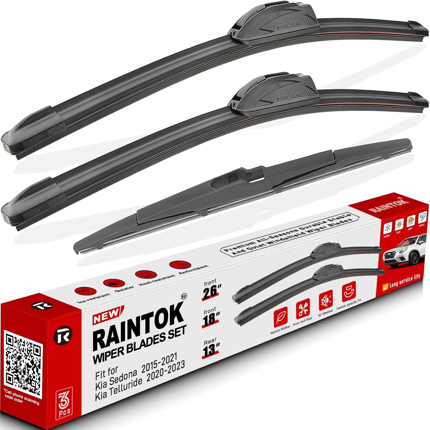 Windshield Wiper Blades Replacement for 2015-2021 Kia Sedona / 2020-2023 Kia Telluride Original Factory Quality Front Rear Wipers Blade Set for My Car - 26" 18" 13" (Pack of 3)