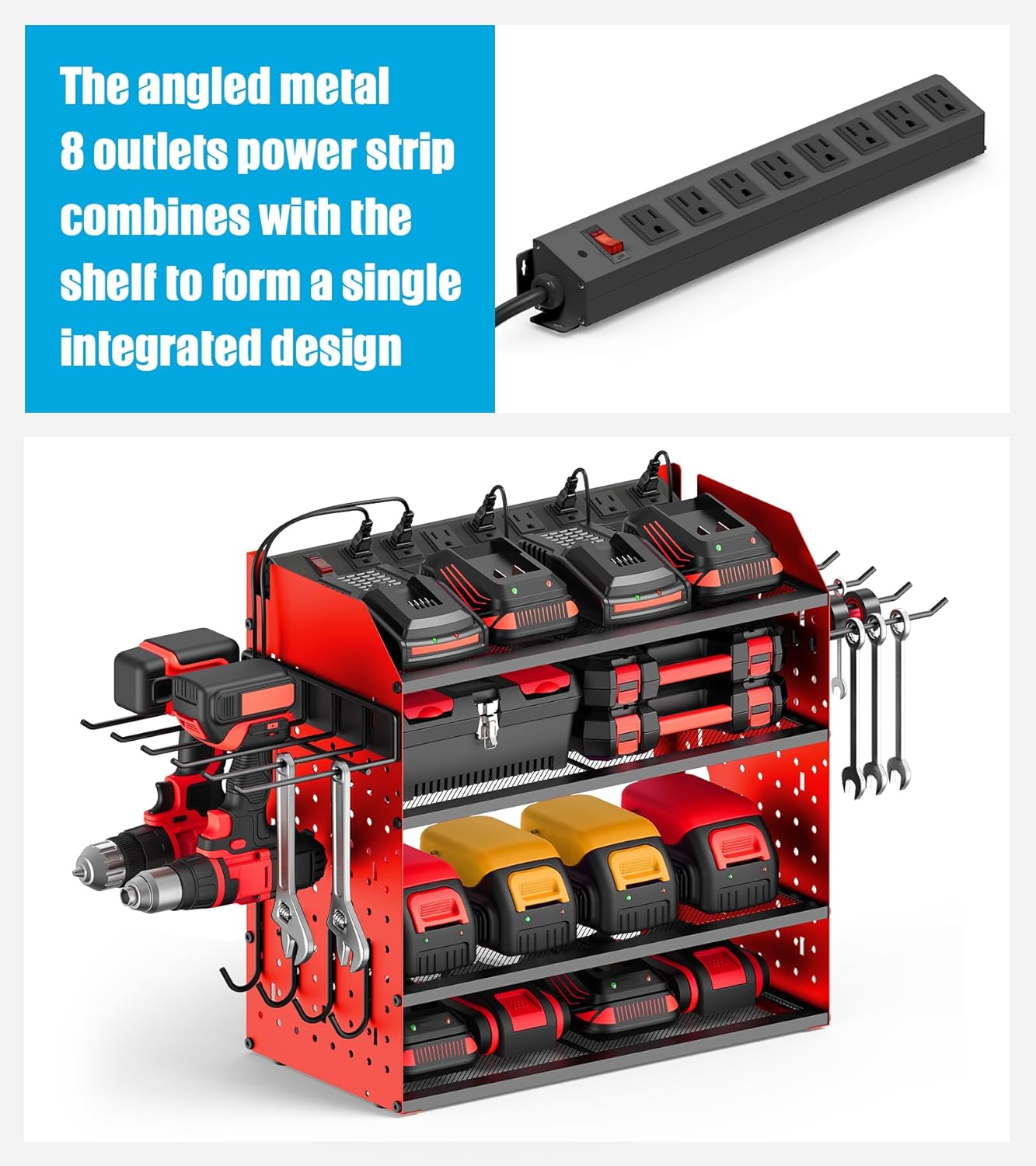 CCCEI Modular Desk Power Tools Organizer with Charging Station, 4 Layer Drills Battery Storage Wall Mount, Garage Shop Organization, Anniversary, Birthday, Gifts for Men, Father, Red, 10FT Cord.
