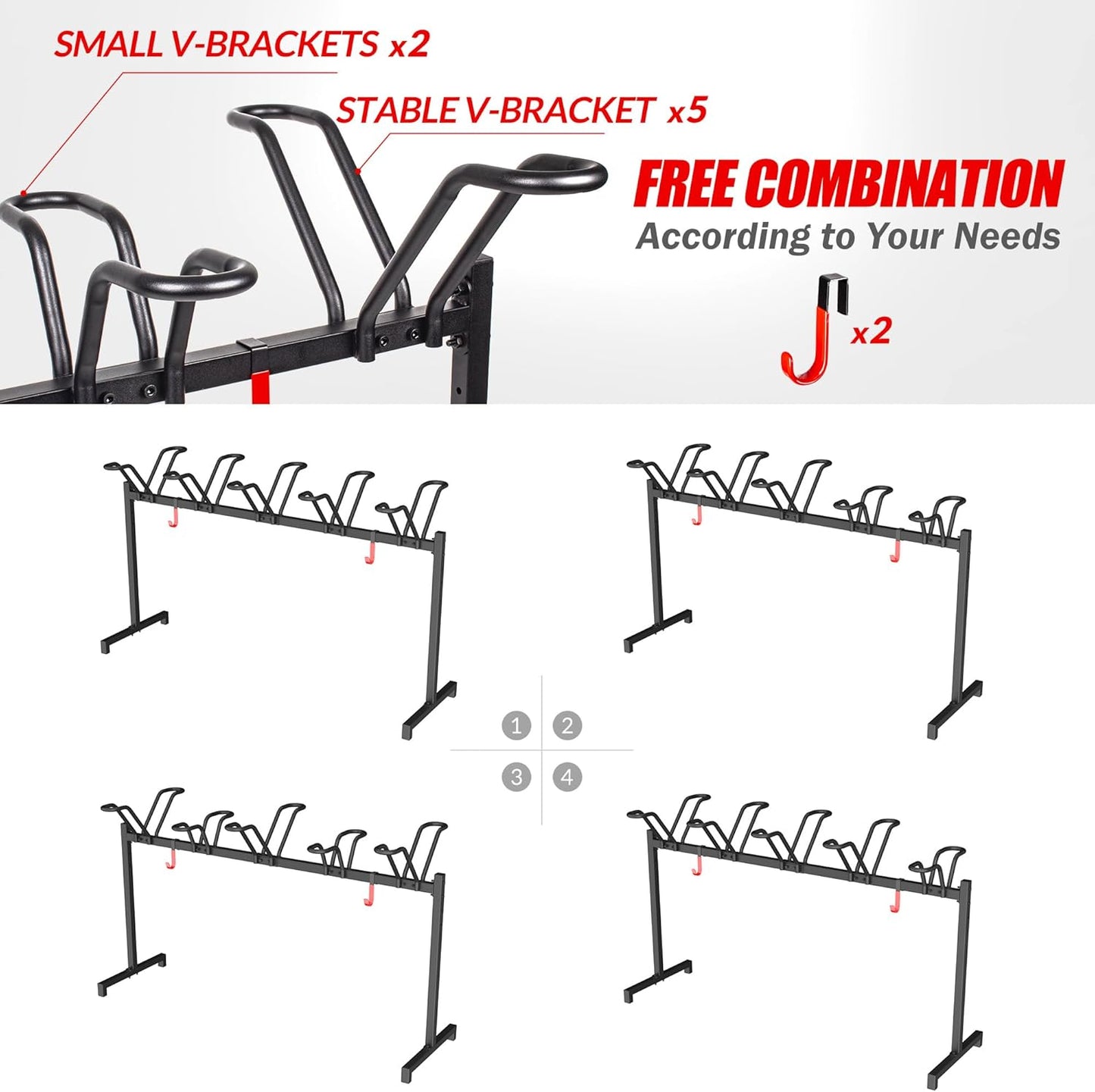 5 Bikes Floor Stand, Adjustable Bicycle Parking Rack with Hook for Garage, Indoor, Outdoor, Free Combination Bike Storage Cycle Rack for Mountain, Road and Kids Bikes, Max Tire Width 2.5”