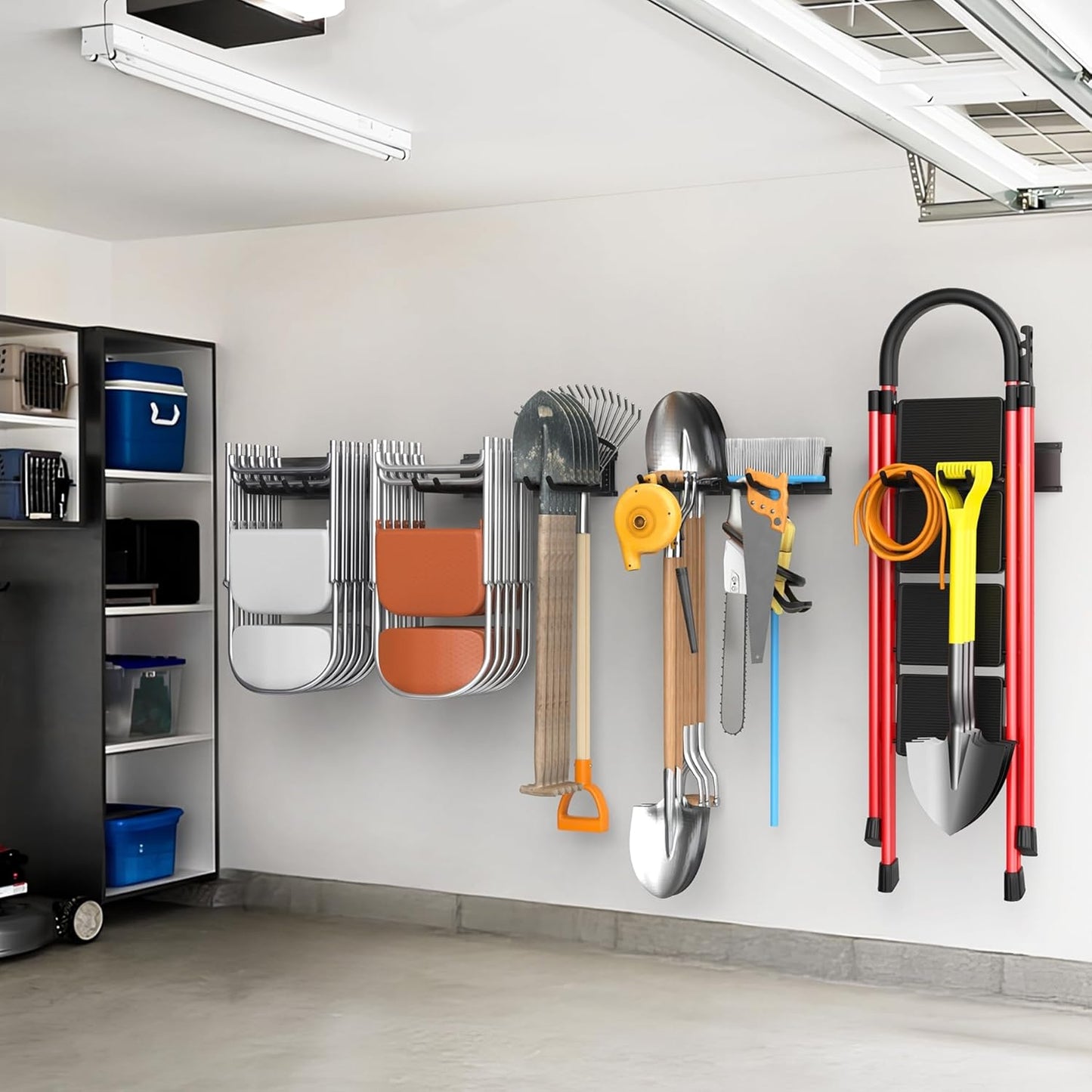 WALMANN Wall Mounted Garden Tool Organizer for Garage, Heavy Duty Folding Chair Storage Rack, 11-Inch Tools Storage Hooks for Shovels, Rakes, Ladders, Hold Up to 400 lbs