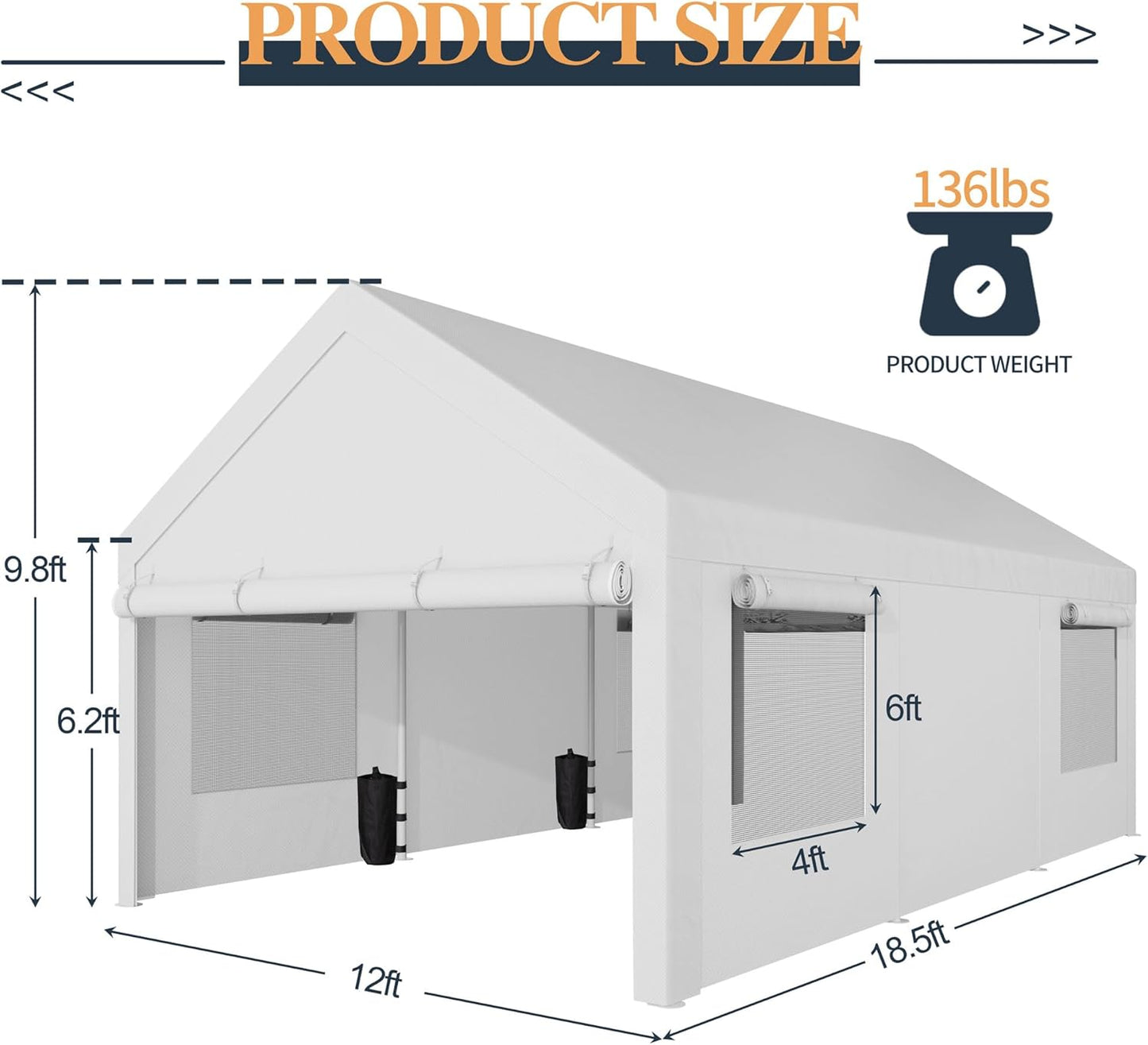 Shintenchi Carport 12' x 20' Heavy Duty Portable Garage, Car Port Canopy with Side-Opening Removable Door & Roll-Up Windows, Car Canopy for Truck,Car,Boat,Motorcycle,White