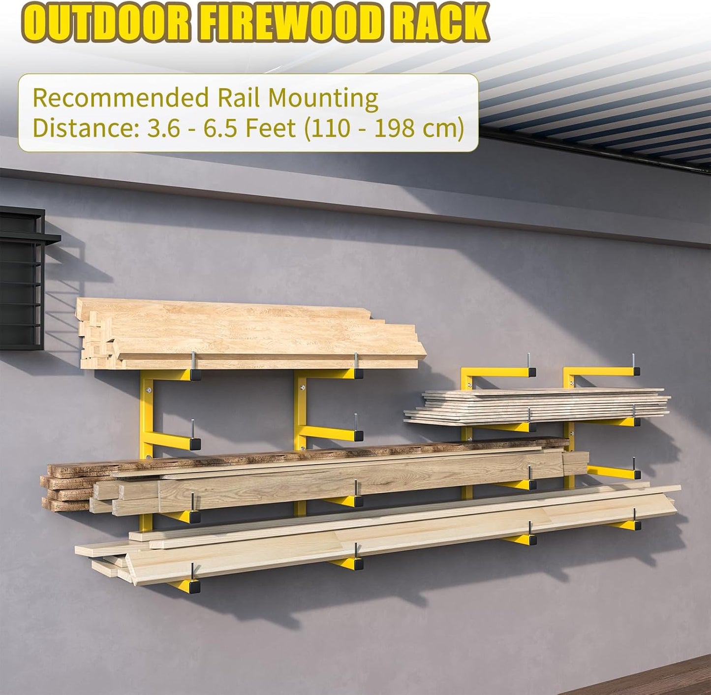 4-Pack Lumber Storage Rack, Wood Storage Racks Wall Mount, Heavy Duty Garage Wood Organizer with 8-Level System, Yellow Utility Rack Organization Up 1600 Lbs, Metal Lumber Shelf for Indoor & Outdoor