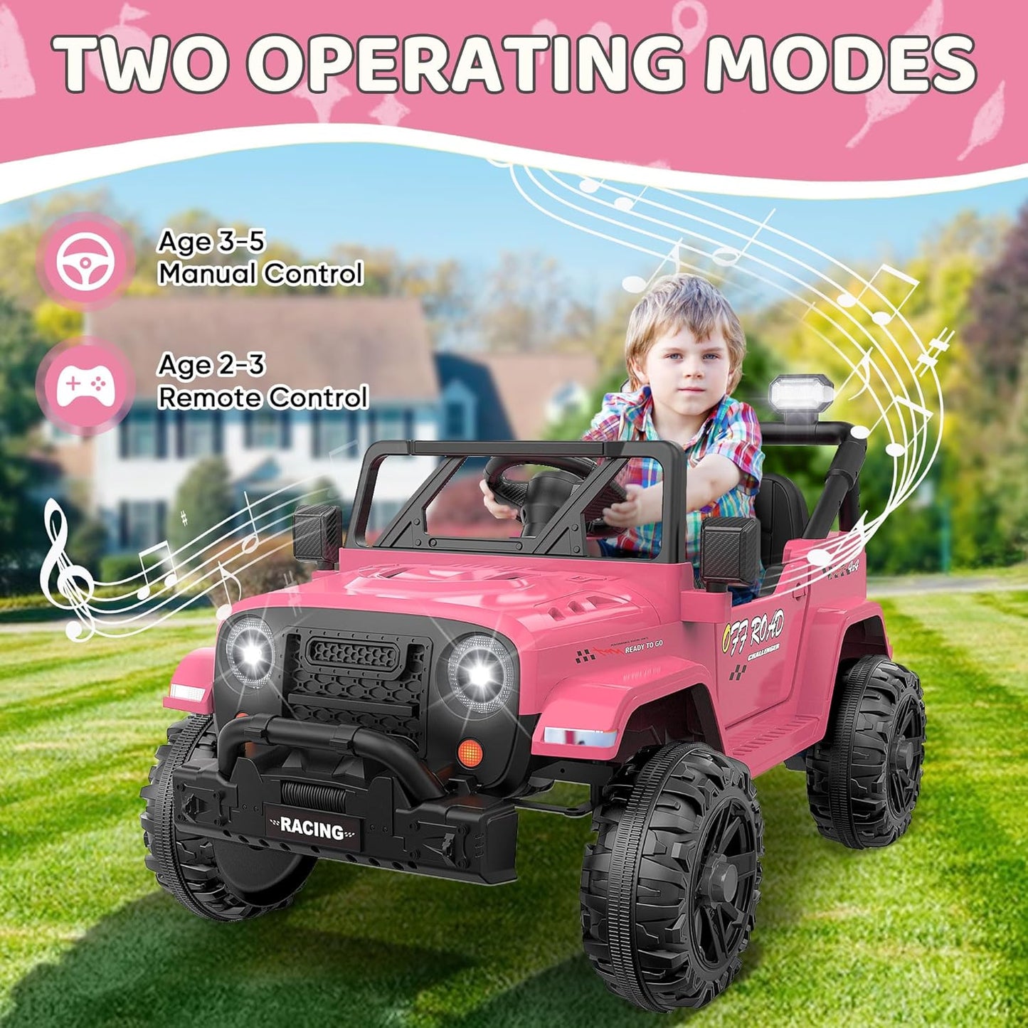 12V Ride On Truck Car with Remote Control, Kids Electric Vehicles with Bluetooth Music, Horn, 3 Speeds, 4 LED Lights, Soft Start, Ride-on Toy for Toddler Boys & Girls (Pink)