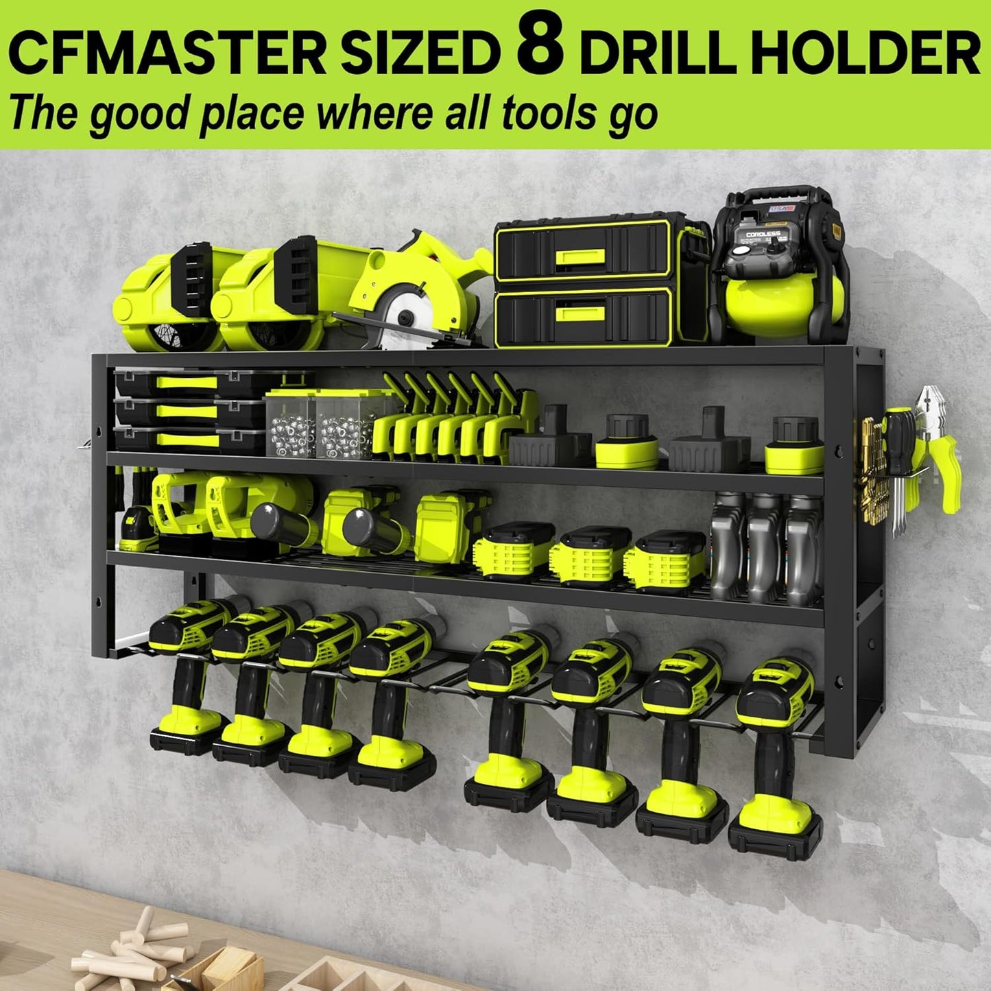 Large Power Tool Organizer Wall Mount,4 Layers 8 Drill Holder Heavy Duty Metal Cordless Tool Storage Loads 420lbs with Screwdriver Holder,Utility Racks for Garage, Workshop, Pegboard, Shed - 32 Inch