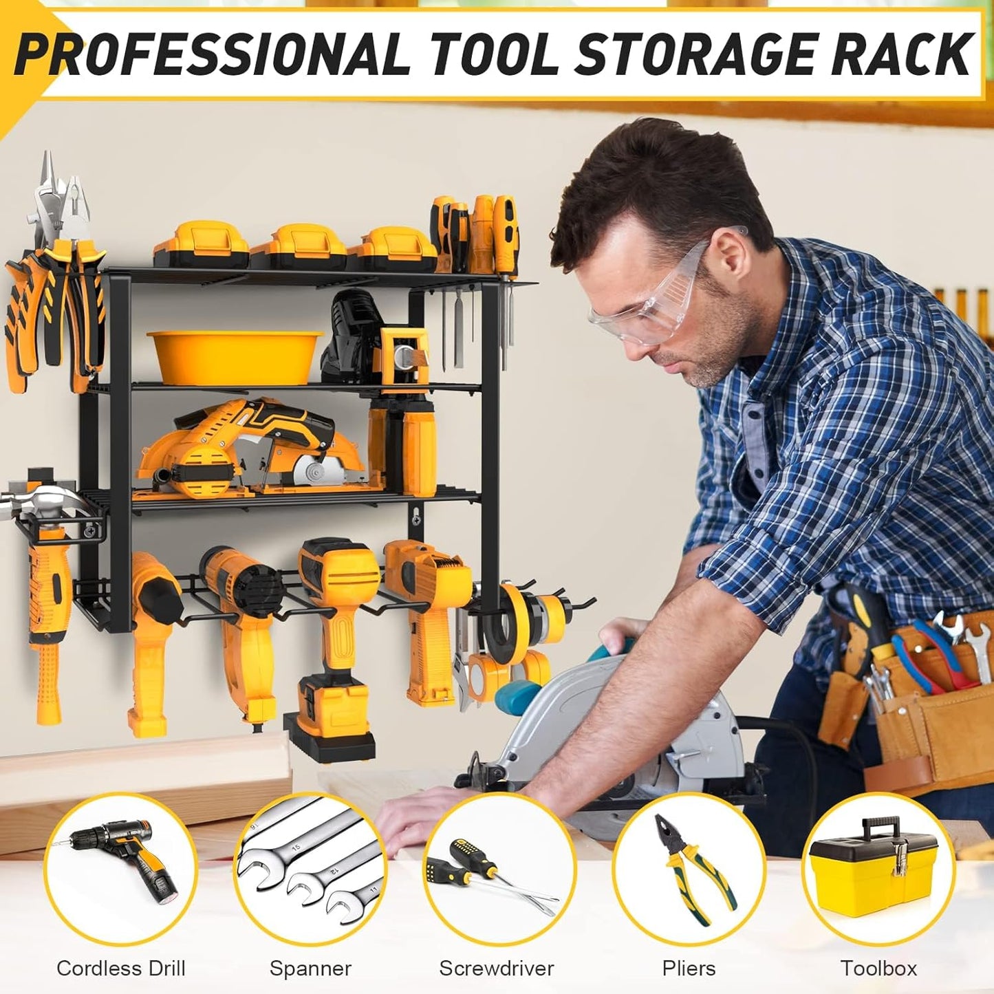 5 Layers 2 IN 1 Power Tool Organizer Wall Mount for Dad, 8 Cordless Drill Holder Garage Organization Heavy Duty Metal Loads 250LBS, Garage Shelving for Garden Power Tool Storage, Tool Rack for Men