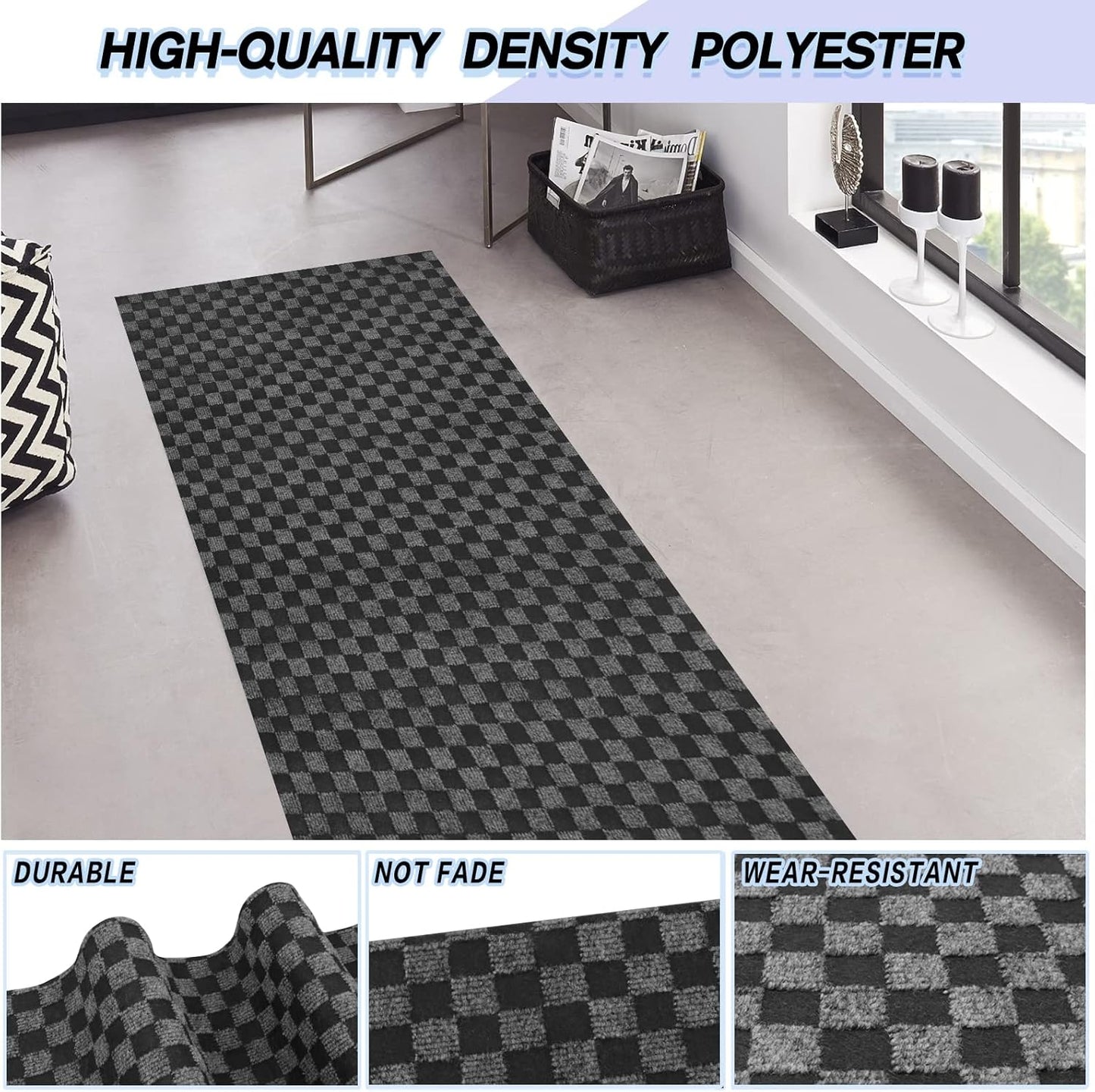 Custom Size Backed Non-Slip Area Rugs Runner, Easy Clean, Waterproof Runner Rugs for Hallway Entryway, Kitchen, Laundry, 2FT x 62FT, Gray Checkered