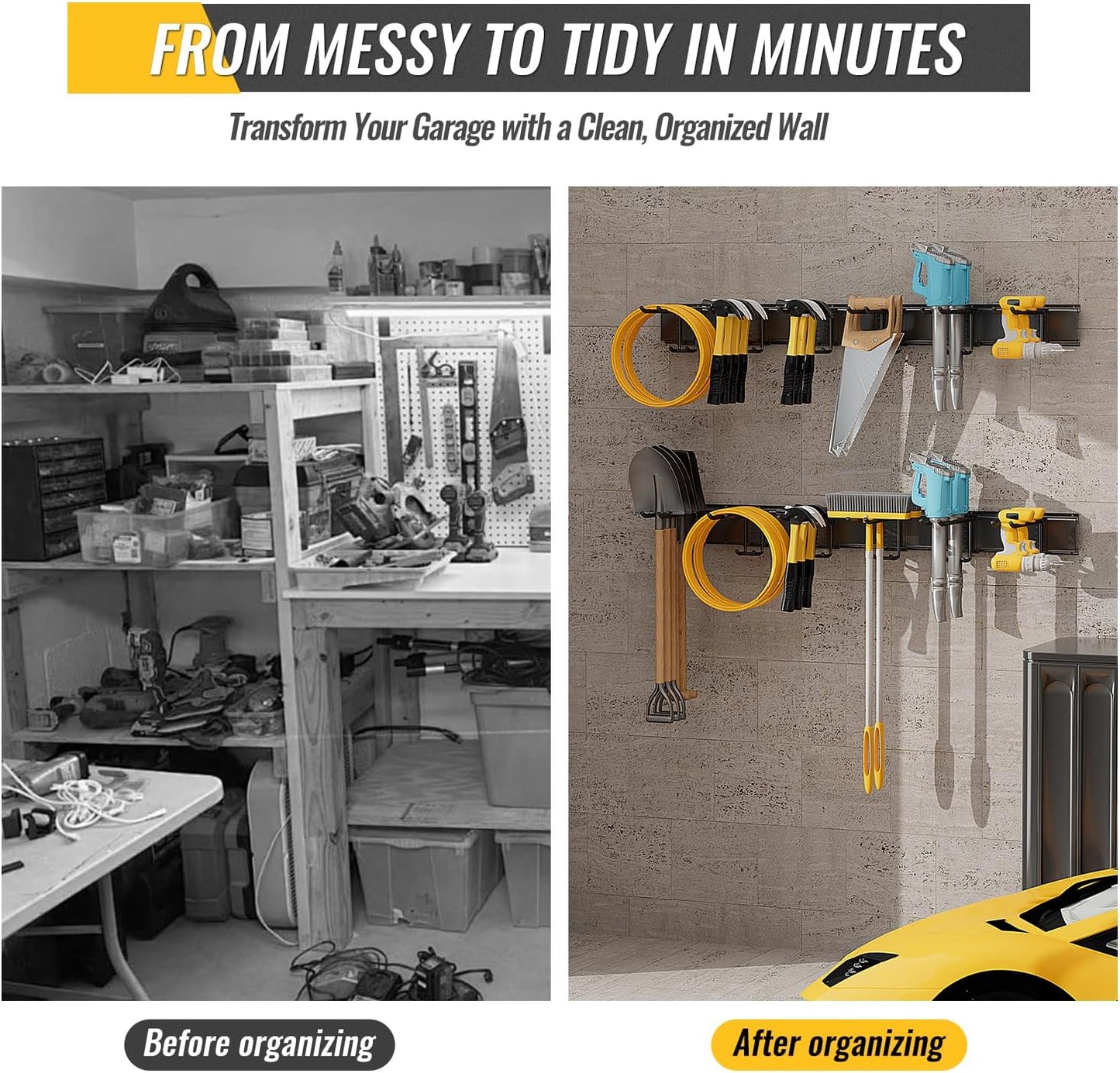 Garage Tool Rack Wall Mount – 32 Inches Heavy-Duty Garden Tool Holder with 4 Adjustable Hanging Hooks – Garage Wall Storage Organizer for Shovel, Rake – Max Load 360 lbs (32 inch)