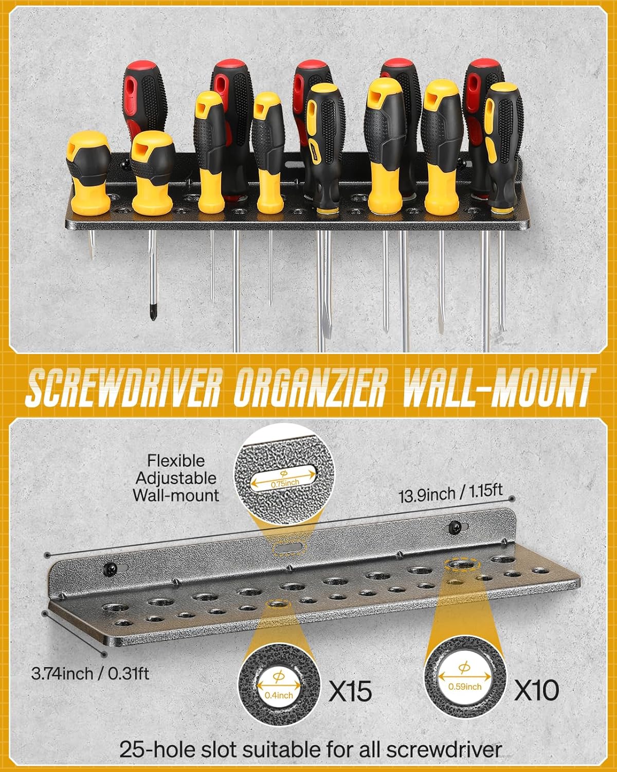 Wall Mount Screwdriver Organizer, Pliers Holder, Hammer Rack, 17x8.5-inch Storage Board, 4PCS Alloy Steel Hand Tool Storage Organizer for Garage Workshop