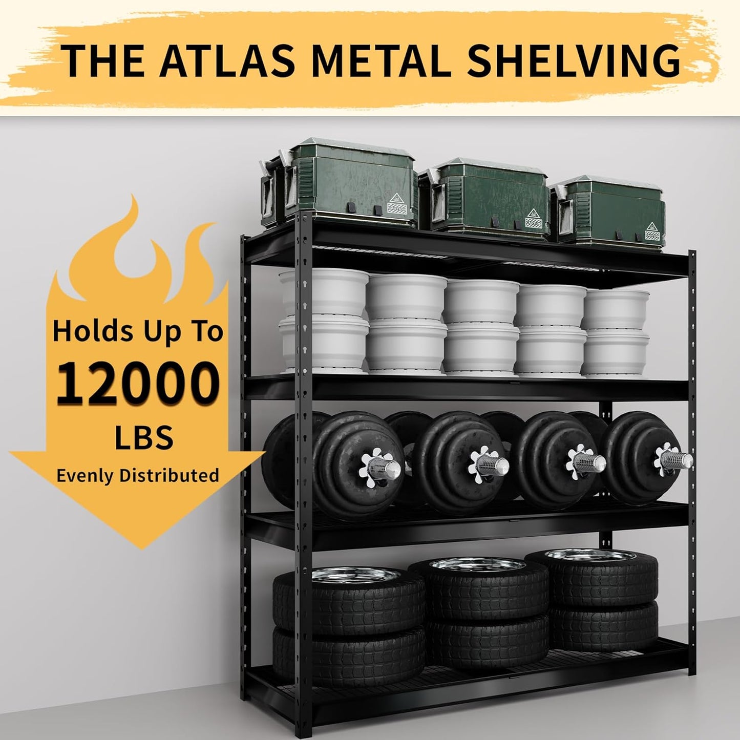 The Atlas 72" W Metal Garage Shelving Unit Load 12000 Lbs, Heavy Duty Storage Rack, Adjustable Industrial Shelves for Warehouse Shop Basement, 72" W x 24" D x 72" H, Grey