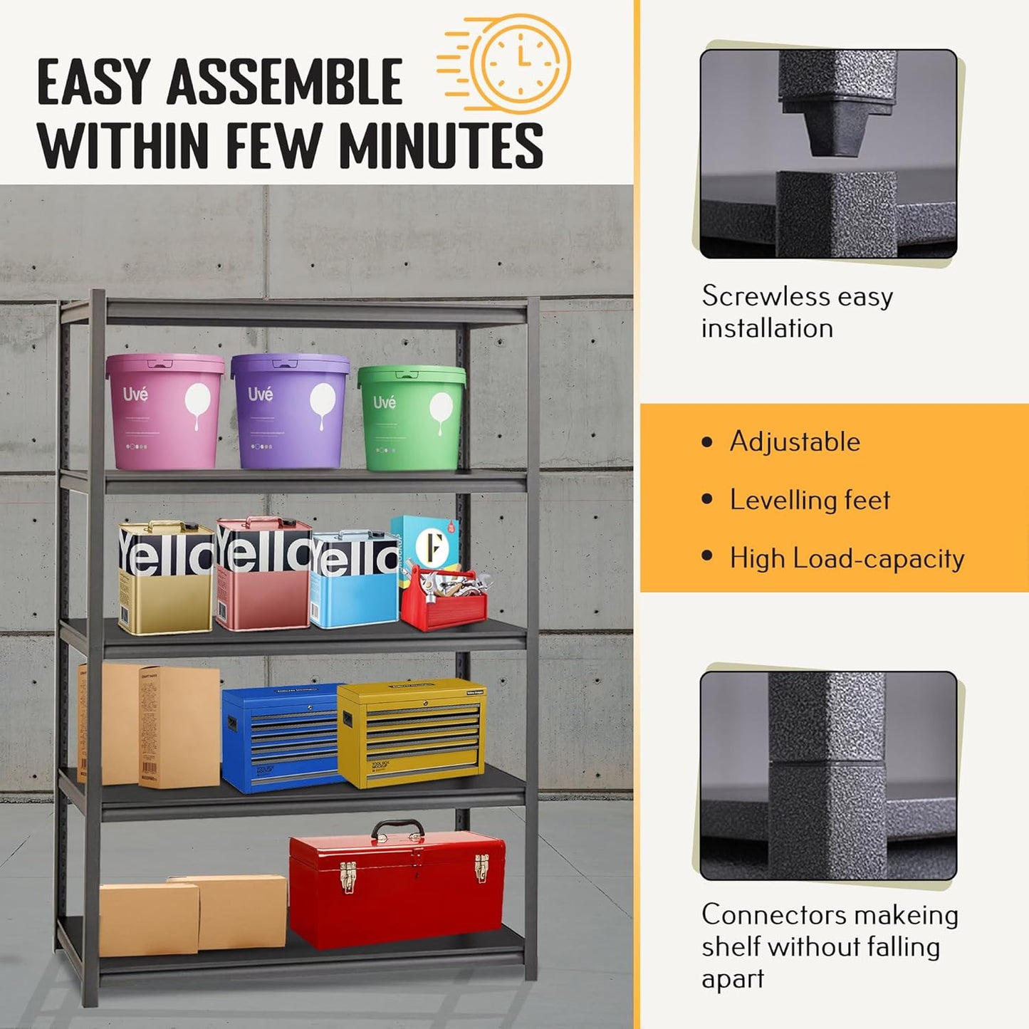 Rigma 5 Tier Garage Shelf, Heavy Duty Steel Shelving Unit, Adjustable Metal Multi-use Storage Rack, Shelves for Garage, Basement, and Industrial Warehouse Or Office (36" W X 16" D X 72" H 5-Tier)