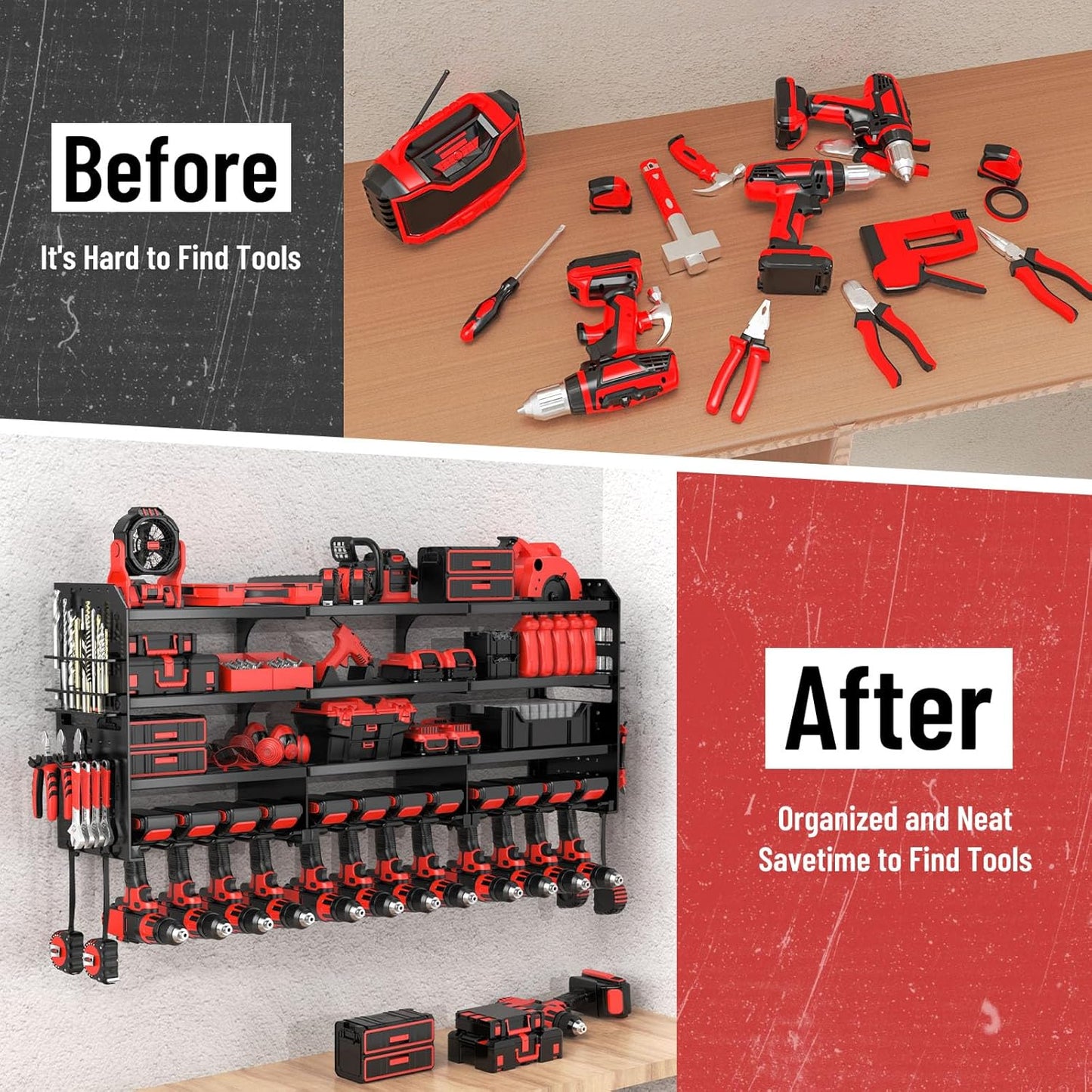 Large Power Tool Organizer Wall Mount-12 Drill Holder, Metal Heavy Duty Garage Tool Storage Shelves with Screwdriver Plier Holder, Gifts Idea for Men Dad Husband