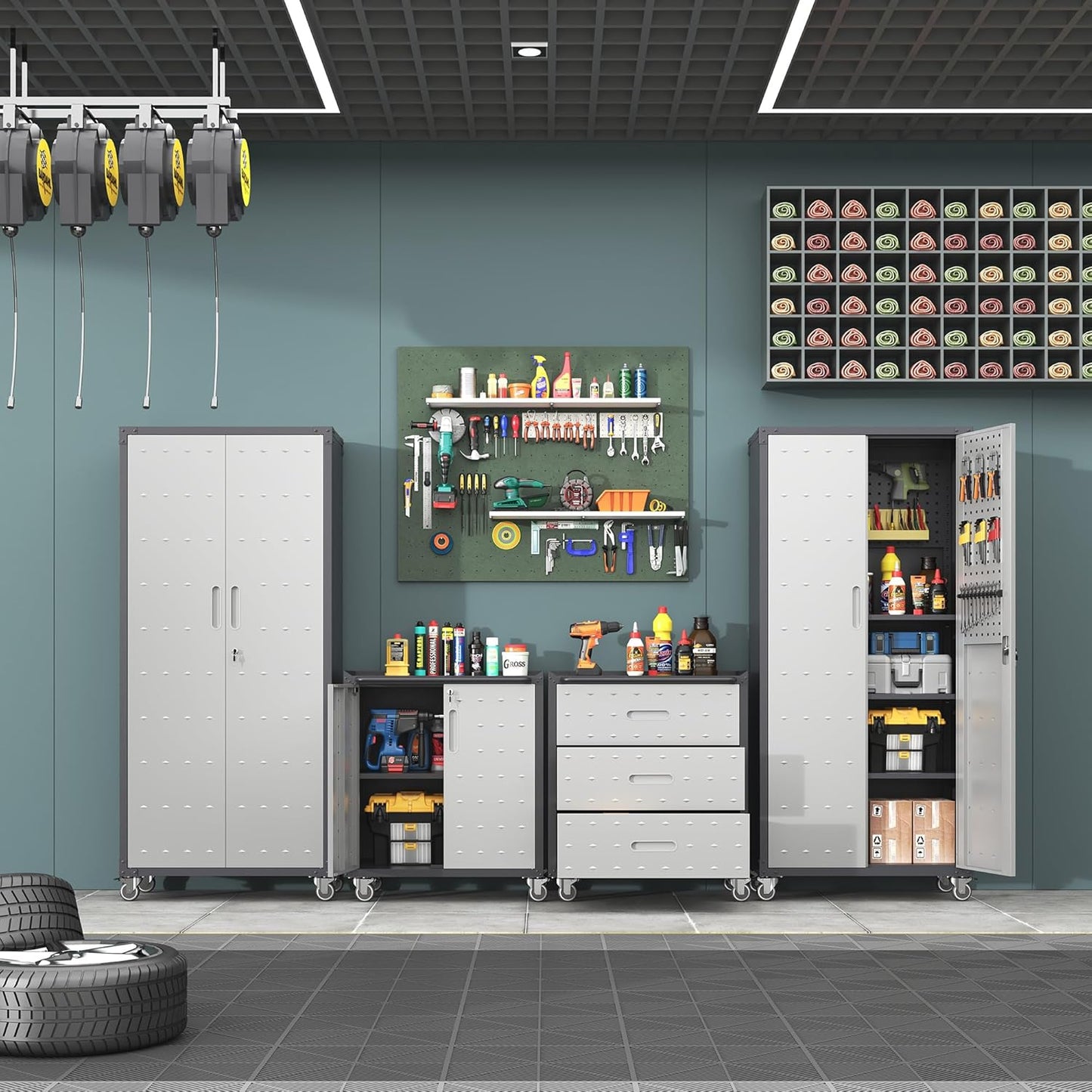 Metal Tool Cabinet,Garage Storage Cabinet System,Wall Cabinet & Locking Rolling Tool Cabinet with Doors and Adjustable Shelves,Steel Tool Cabinets for Home,Office (4 Pcs-StyleA, Black & Grey)