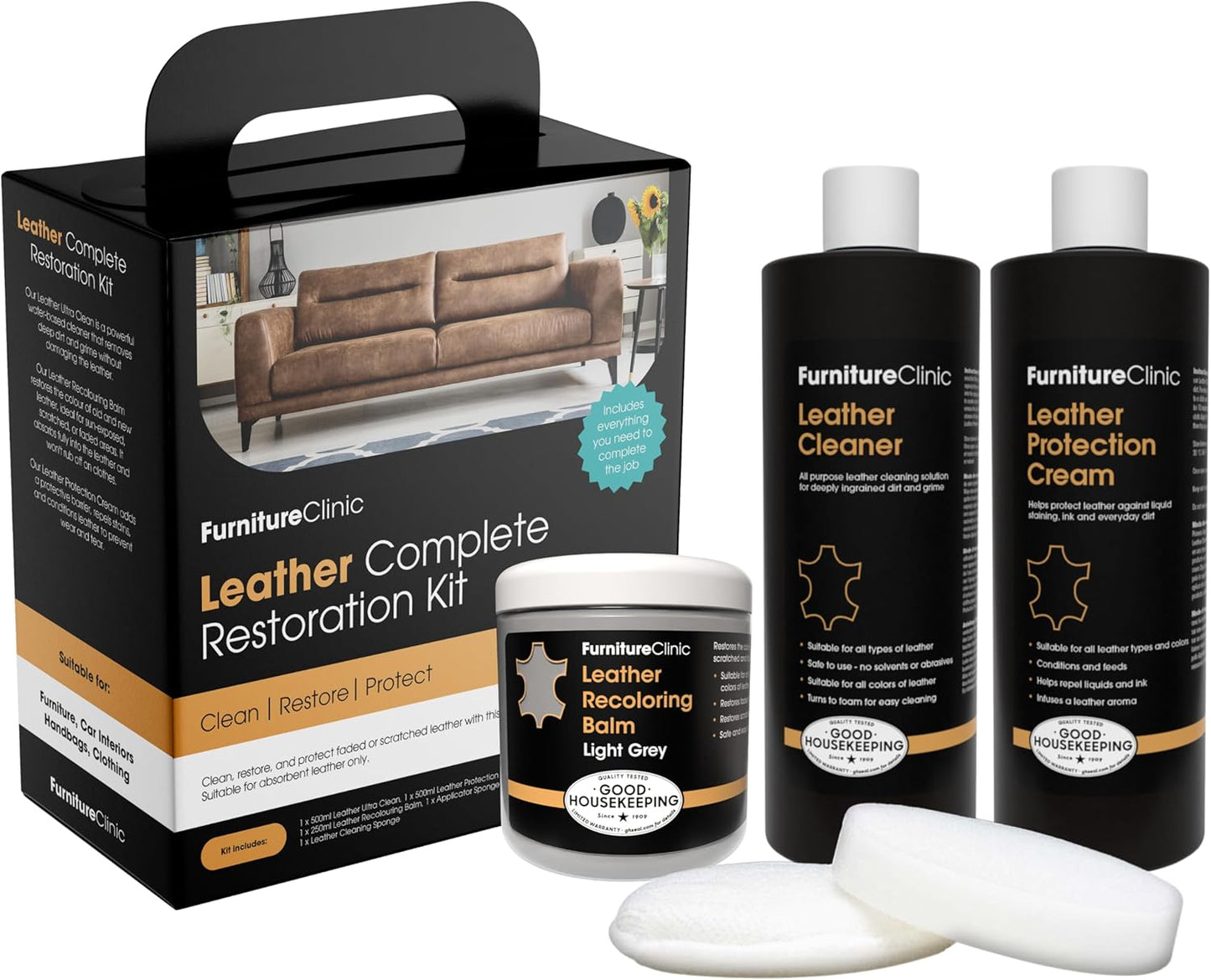 Furniture Clinic Leather Complete Restoration Kit | with Leather Recoloring Balm, Cleaner, 2-in-1 Protection Cream & Conditioner, Sponge, and Cloth | Repair Kit for Furniture (Light Grey)