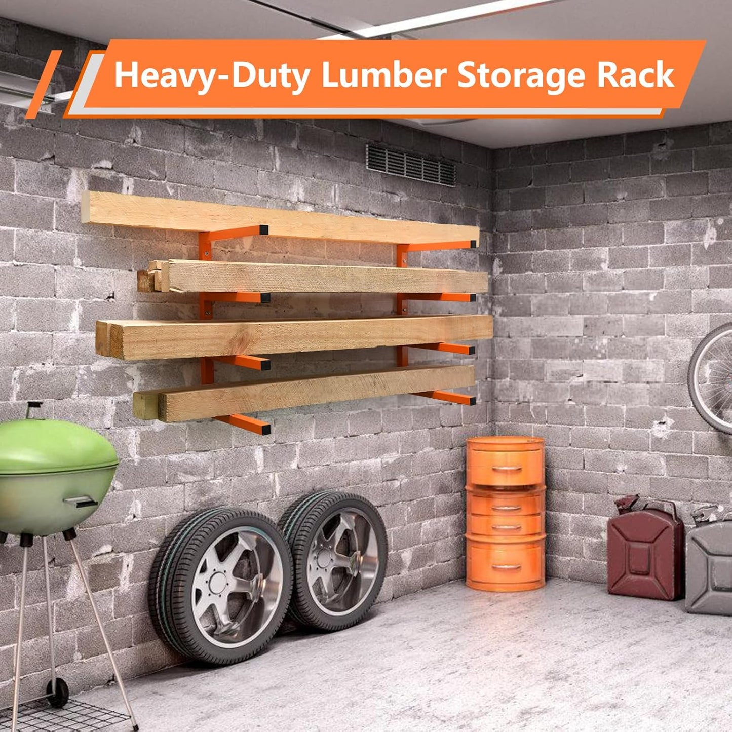 2 Pack Wood Organizer and Lumber Storage Rack Wall Mount, Heavy Duty Wood Storage Organizer Racks with 4-Level System for Garage, Workshop, Basement, Holds Up 220 LBS Per Level (Orange)