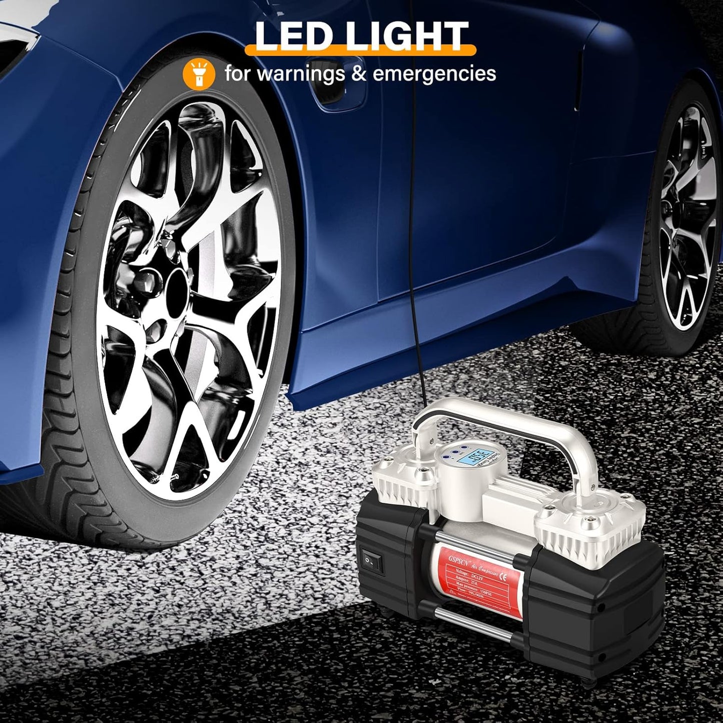GSPSCN Digital Tire Inflator, Portable Toolbox 12V Air Compressor Pump Heavy Duty Dual Cylinders Car Pump,150Psi Auto Shut-Off with Tire Repair Kit for Auto,SUV,Truck etc