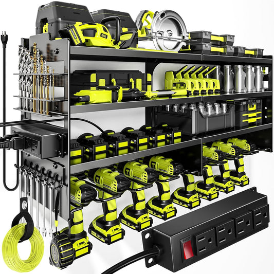 Large Power Tool Organizer Wall Mount with Charging Station,4 Layer Heavy Duty Metal Tool Storage Rack Loads 600lbs with 8 Cordless Drill Holder,Battery Utility Rack Loads with 4 Power Strip