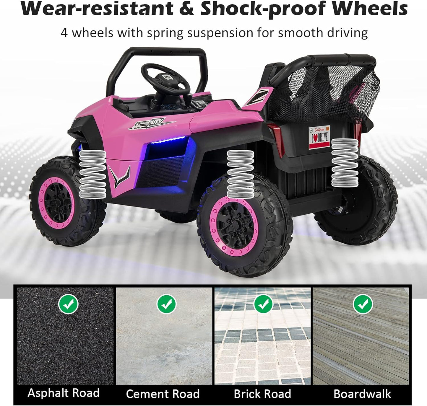 Costzon 2-Seater Ride on Car for Kids, 12V Kid' Electric Vehicles w/Remote Control, 4 Shock Absorbers, Wireless Music & FM, 3 Speeds, Ambiance Lights, Electric UTV, Kids Car for Boys Girls (Pink)