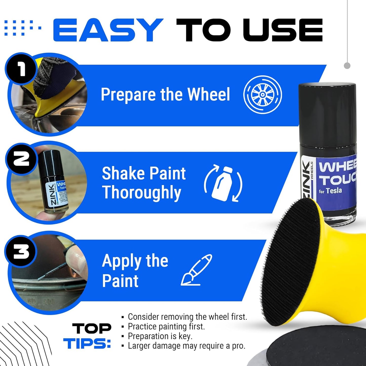 Premium Tesla Wheel Curb Rash Repair Kit for Model 3 20-inch Zero-G Rims - DIY Kit with Color-matched Touch Up Paint - Made in USA